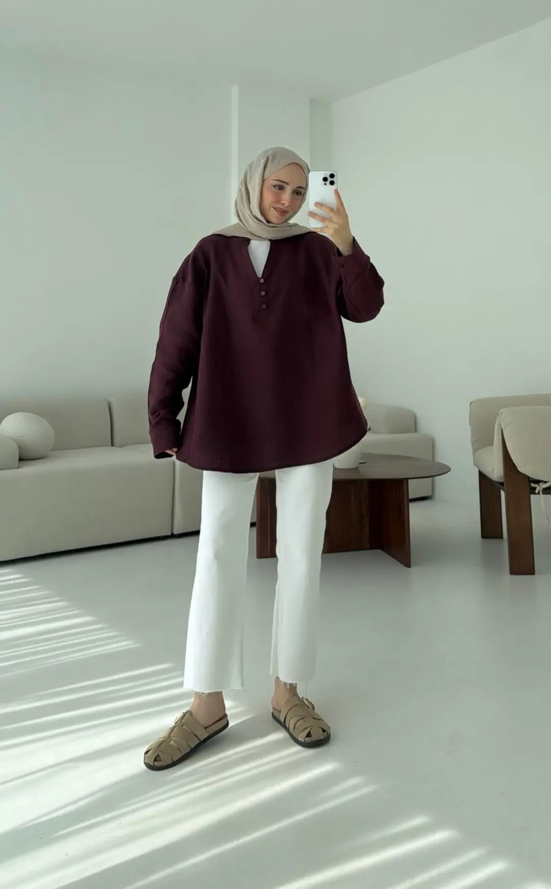 Müslin Düğmeli Gömlek Bordo - Görsel 3