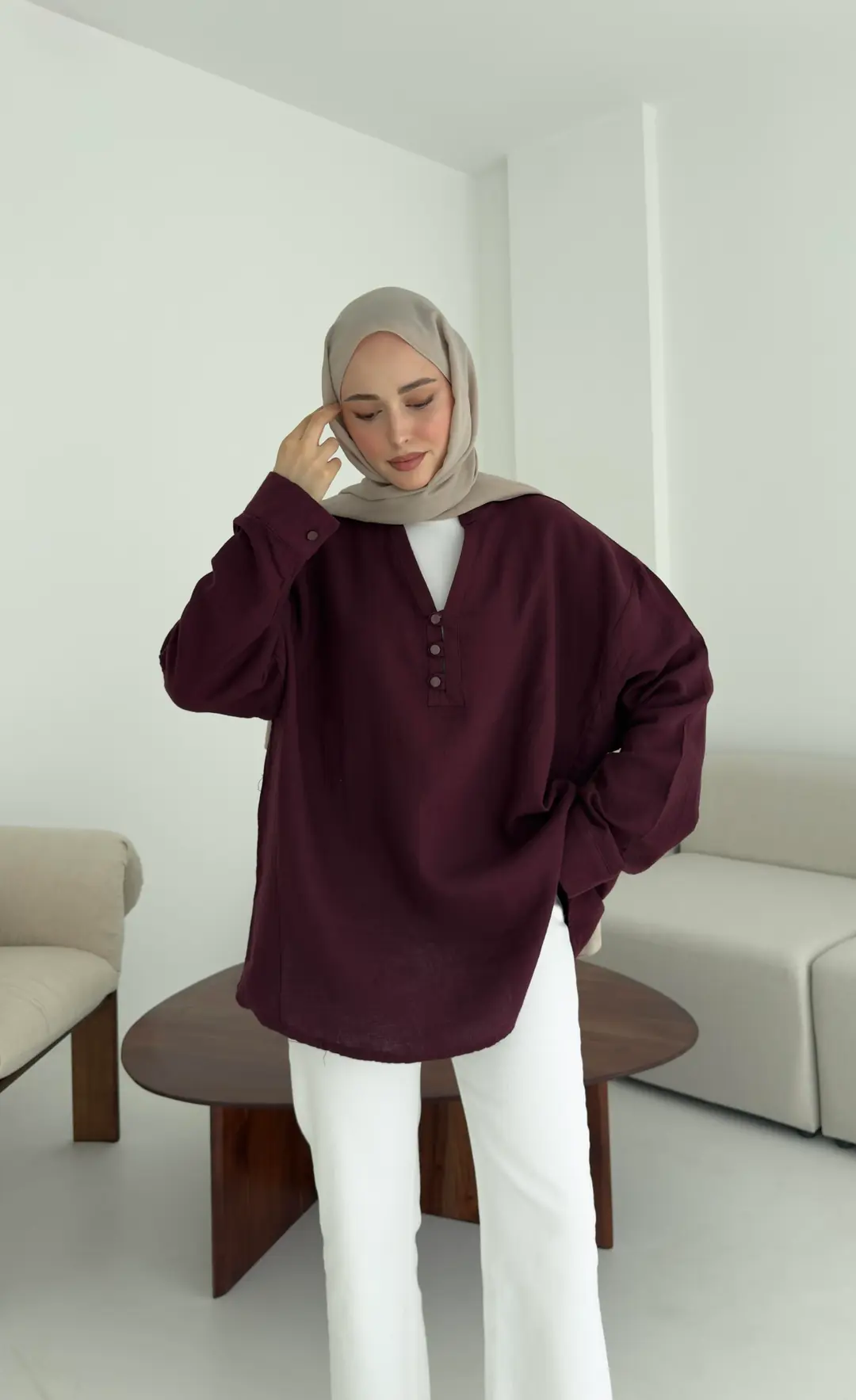 Müslin Düğmeli Gömlek Bordo - Görsel 6