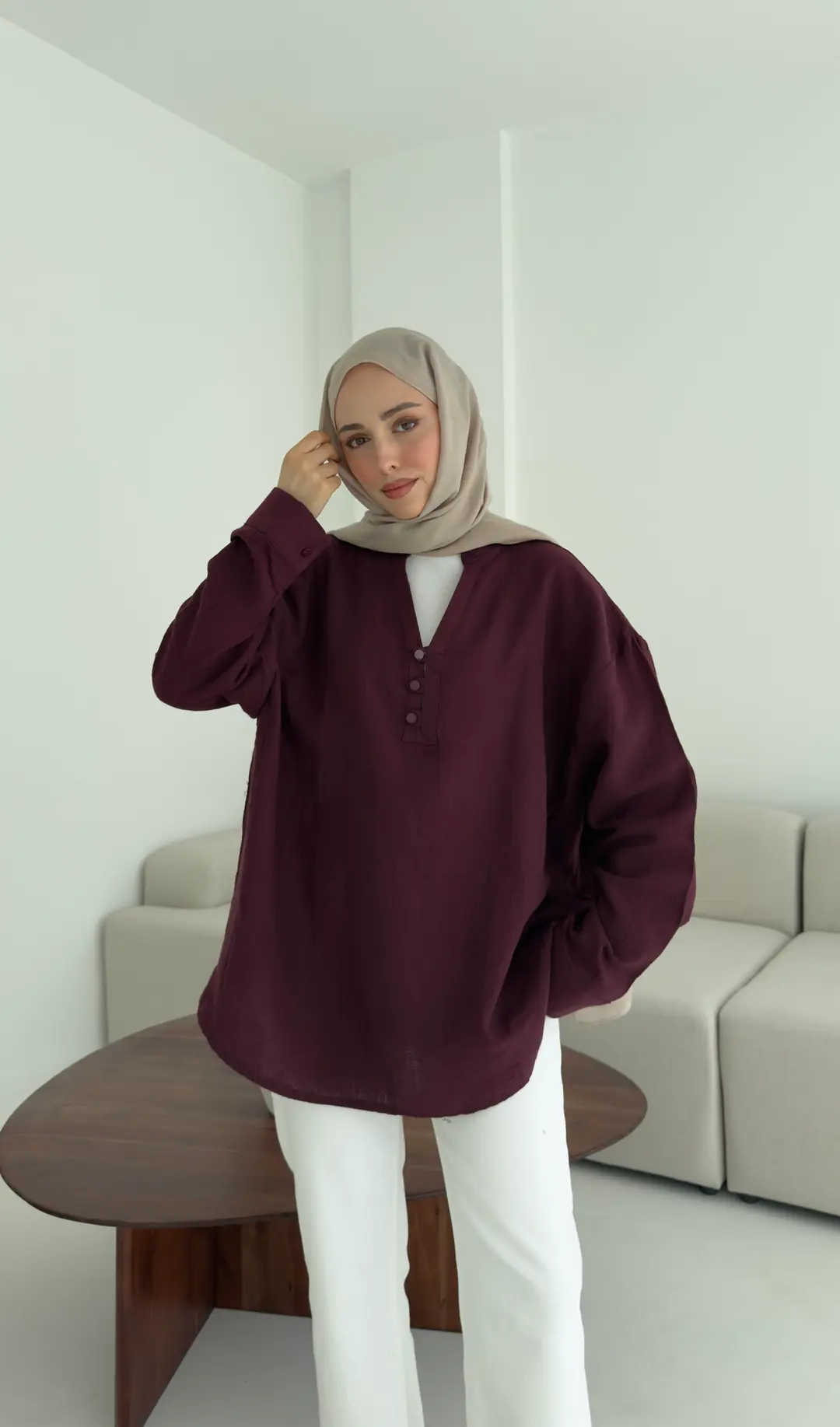 Müslin Düğmeli Gömlek Bordo - Görsel 7