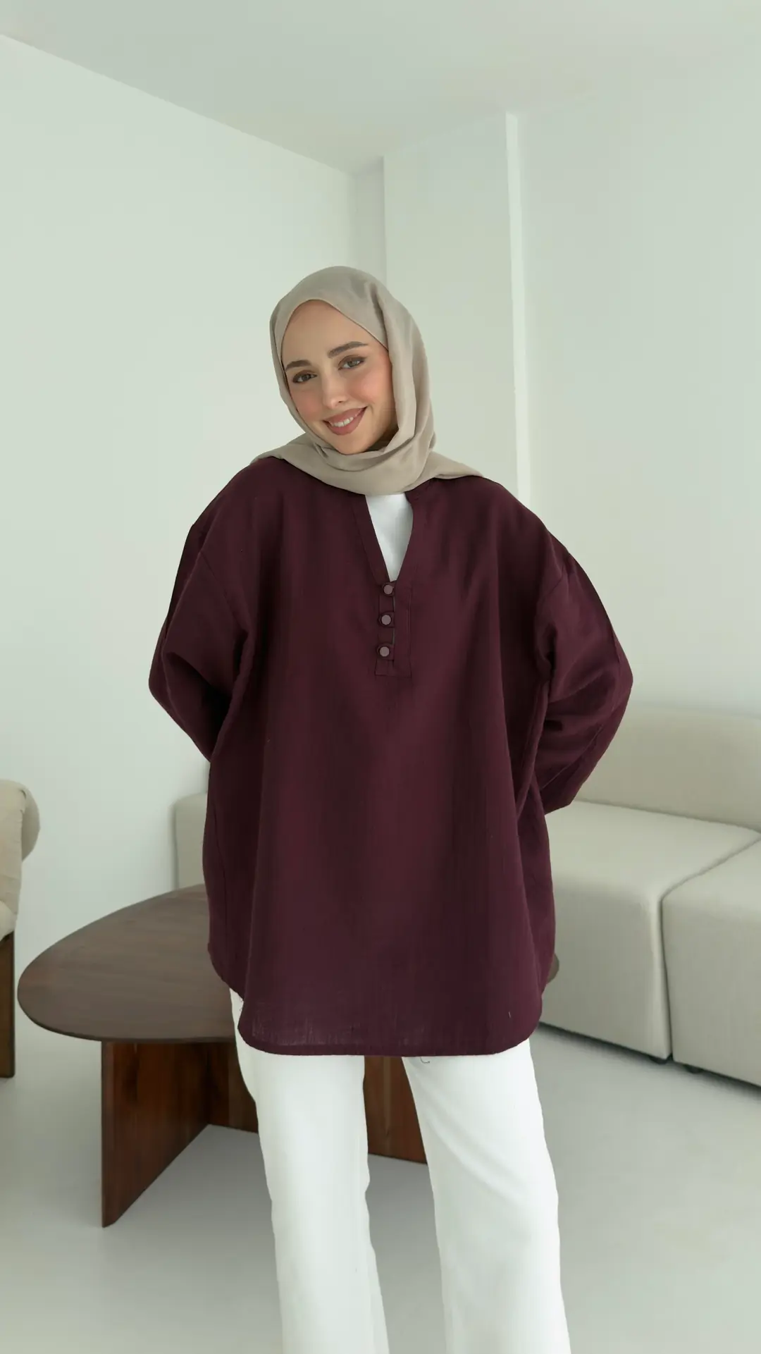 Müslin Düğmeli Gömlek Bordo - Görsel 8