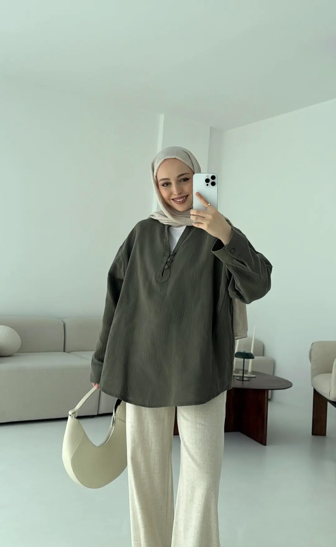 Müslin Düğmeli Gömlek Haki - Görsel 5