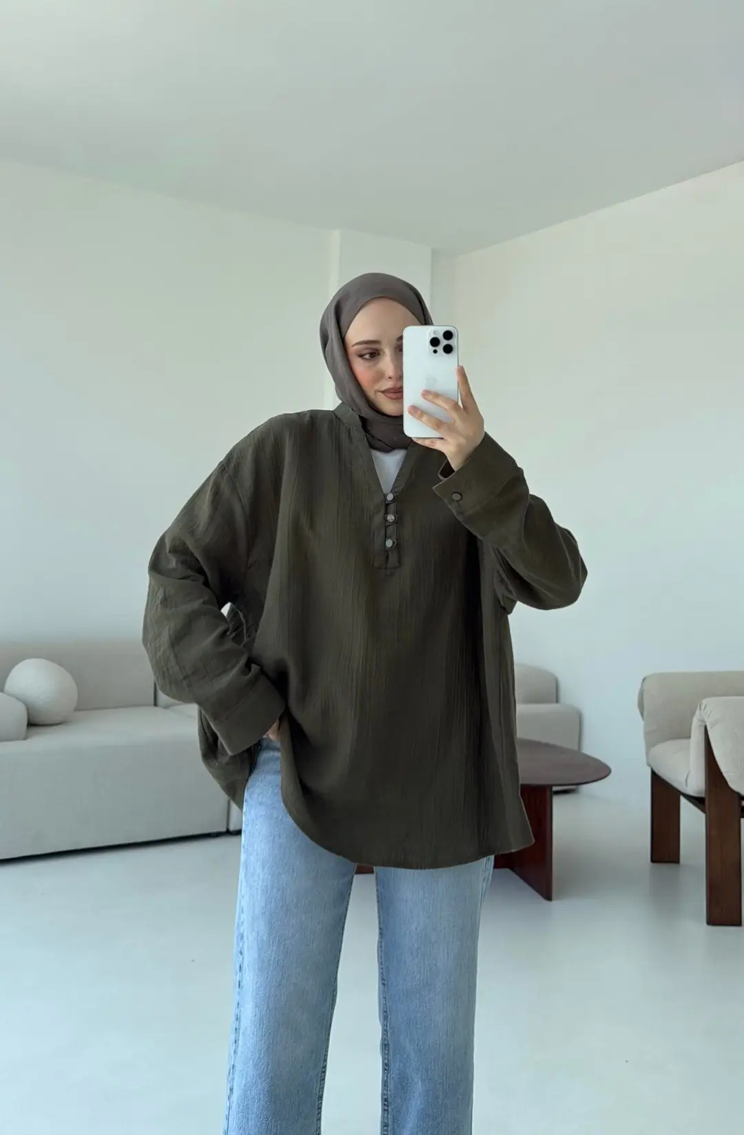 Müslin Düğmeli Gömlek Haki - Görsel 3