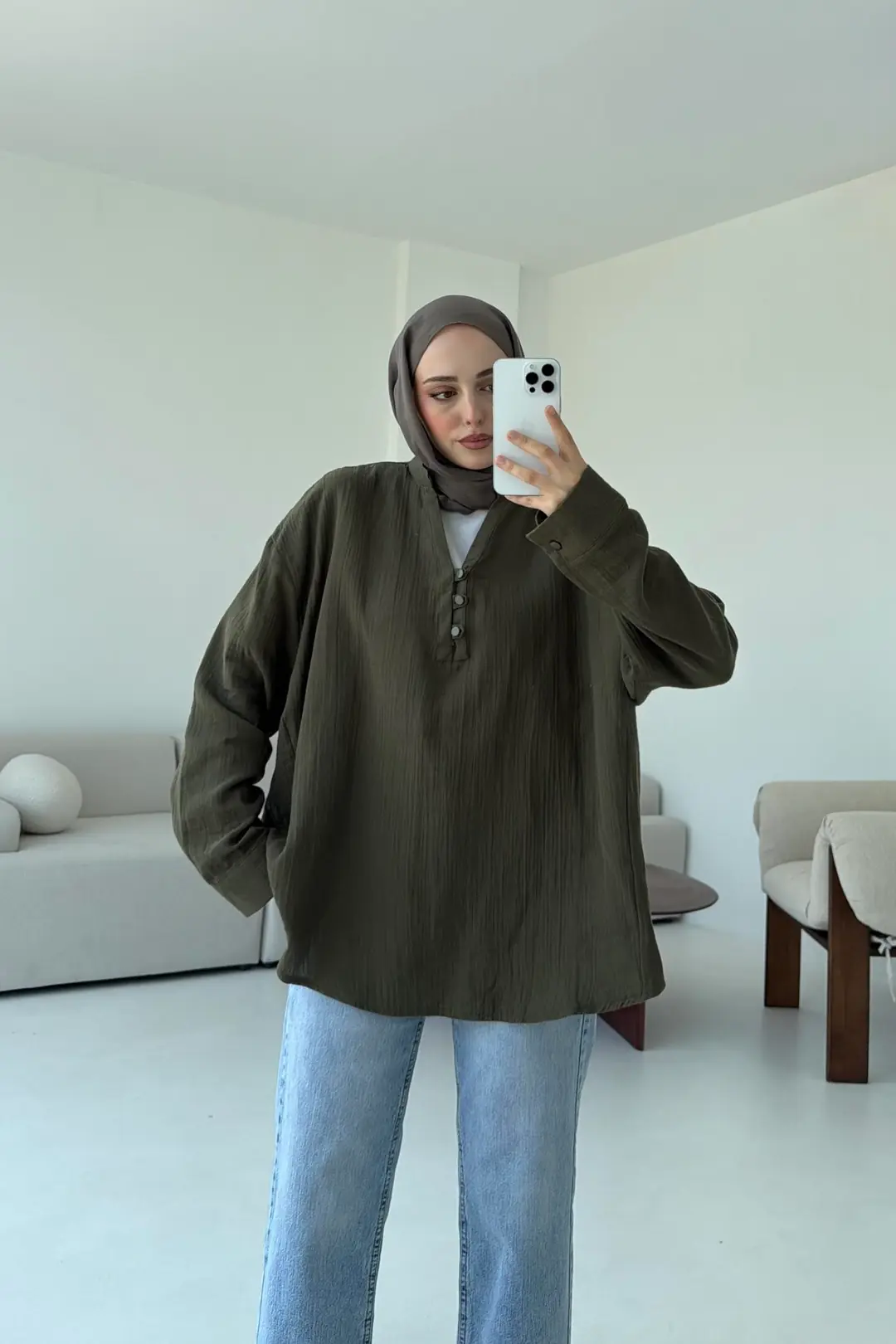 Müslin Düğmeli Gömlek Haki - Görsel 4