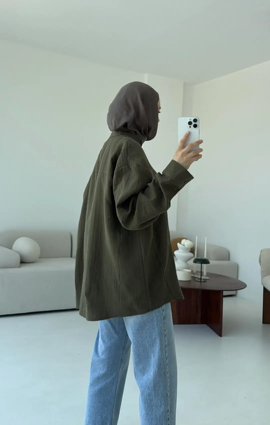 Müslin Düğmeli Gömlek Haki - Görsel 6