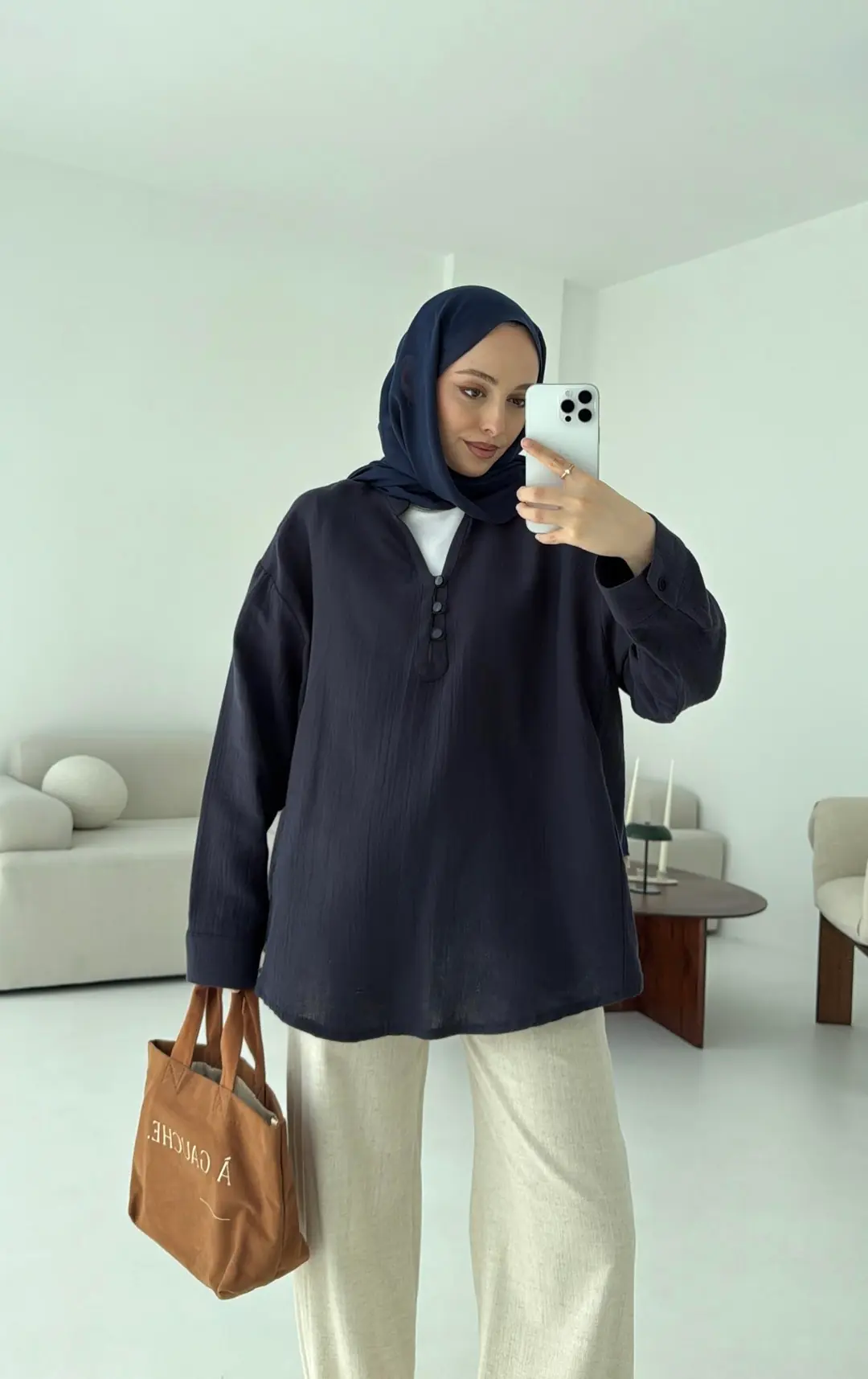 Müslin Düğmeli Gömlek Lacivert - Görsel 3