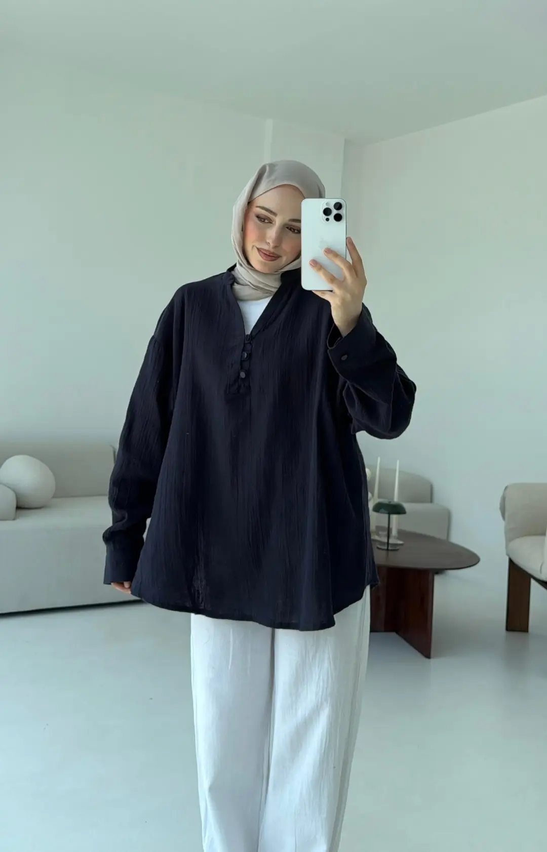 Müslin Düğmeli Gömlek Lacivert - Görsel 6