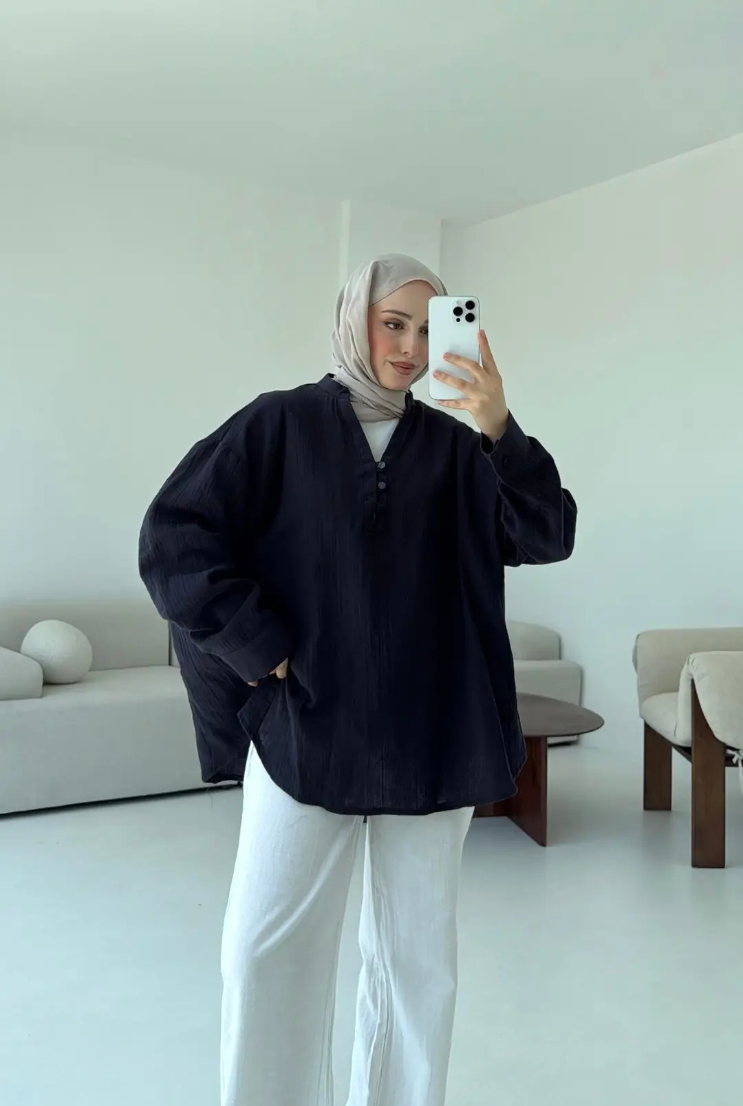 Müslin Düğmeli Gömlek Lacivert - Görsel 7