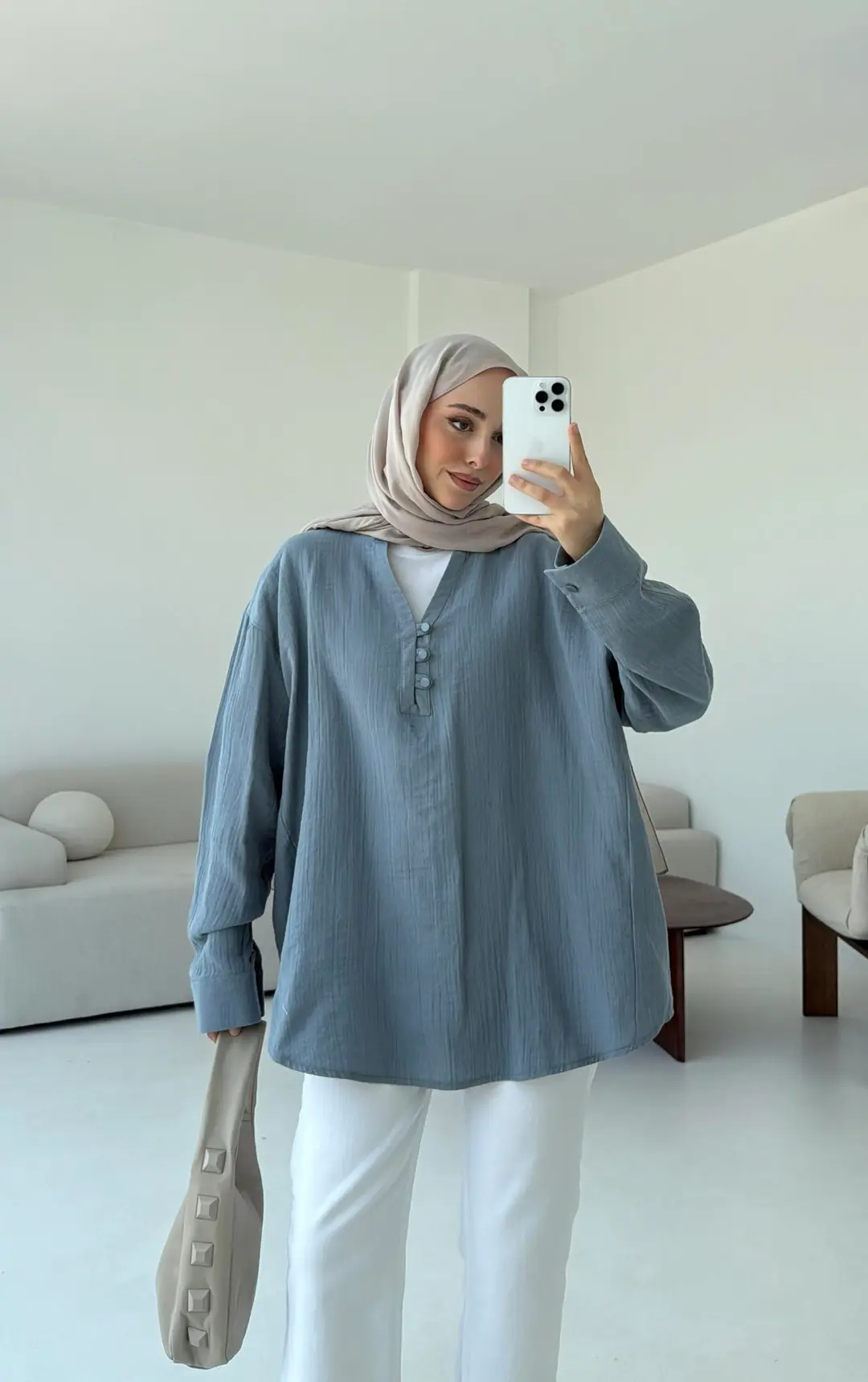 Müslin Düğmeli Gömlek Mavi - Görsel 3