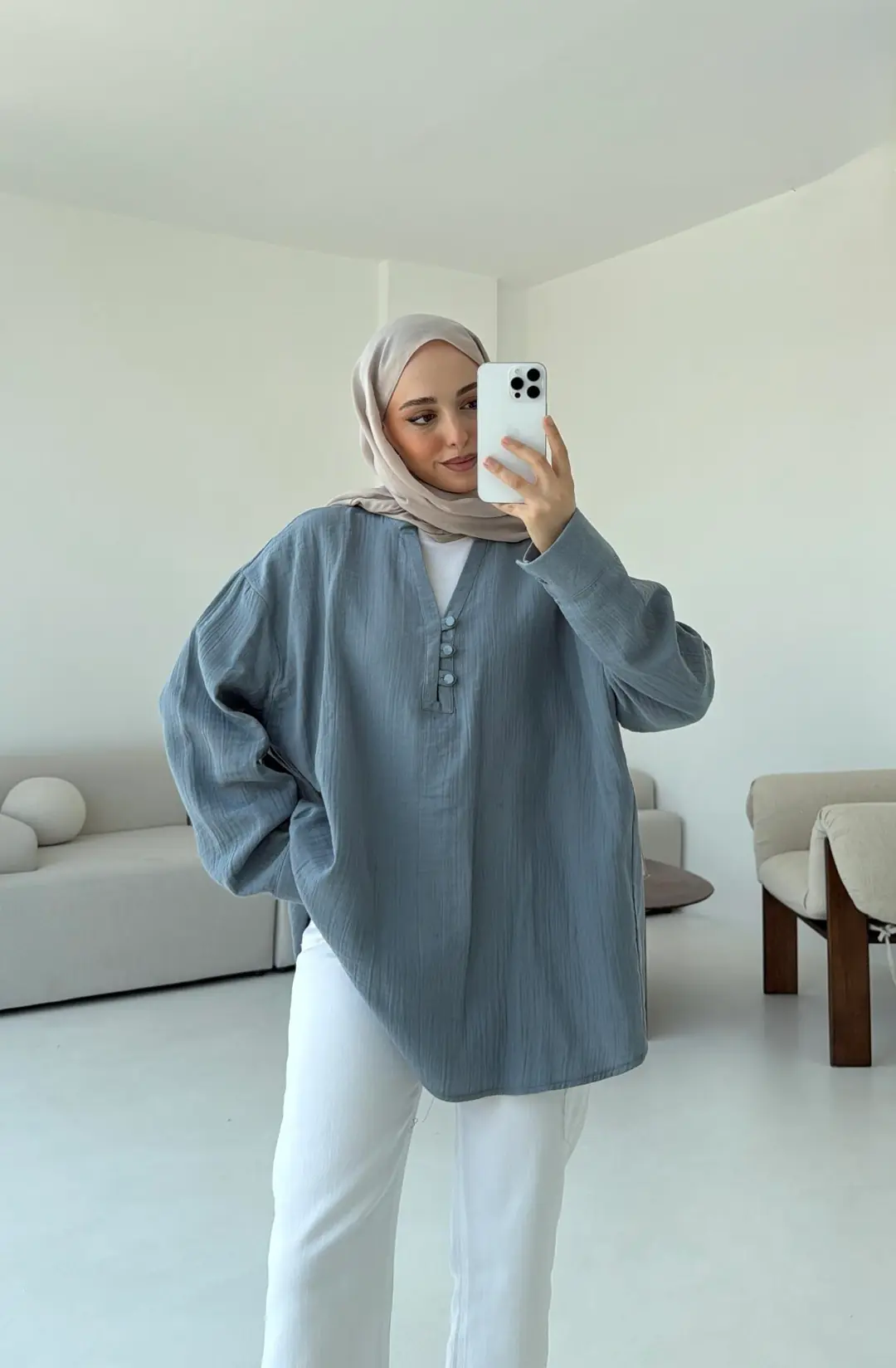 Müslin Düğmeli Gömlek Mavi - Görsel 7