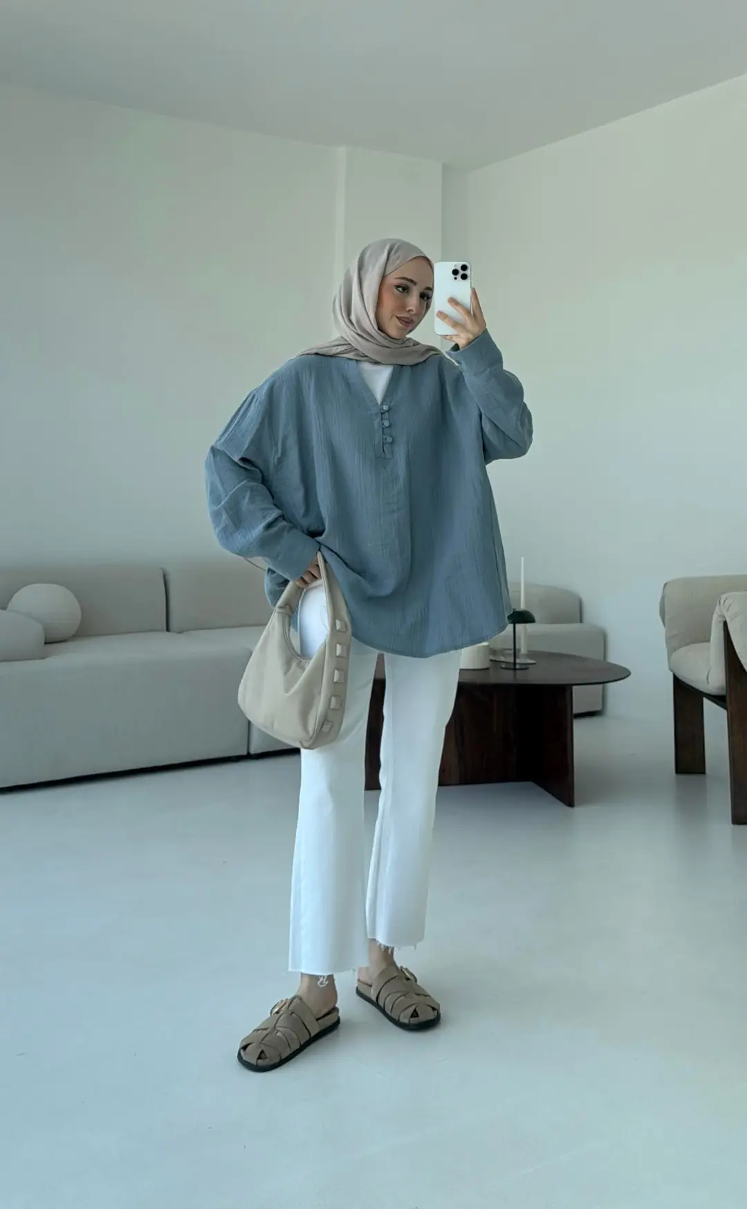 Müslin Düğmeli Gömlek Mavi