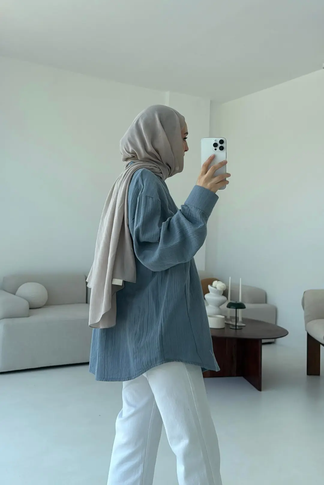 Müslin Düğmeli Gömlek Mavi - Görsel 4