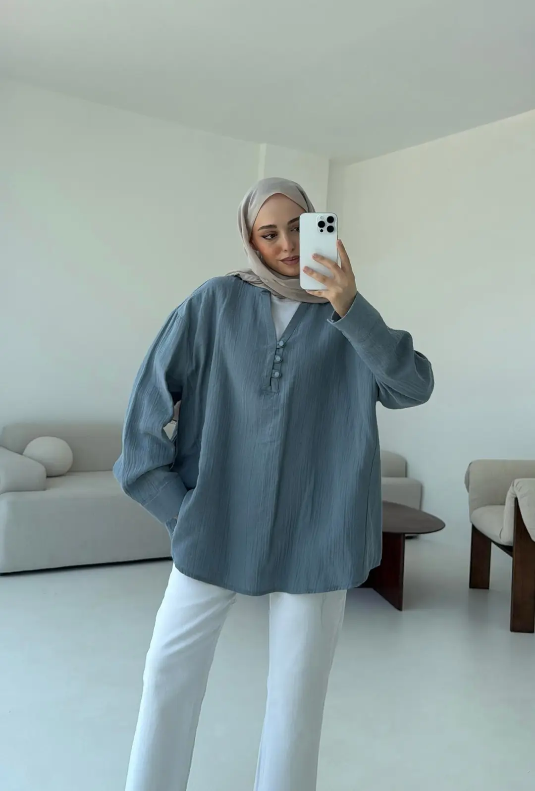 Müslin Düğmeli Gömlek Mavi - Görsel 5