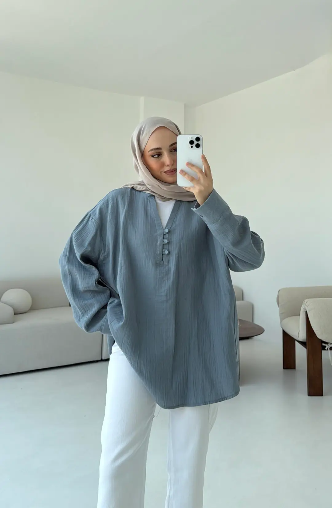 Müslin Düğmeli Gömlek Mavi - Görsel 7