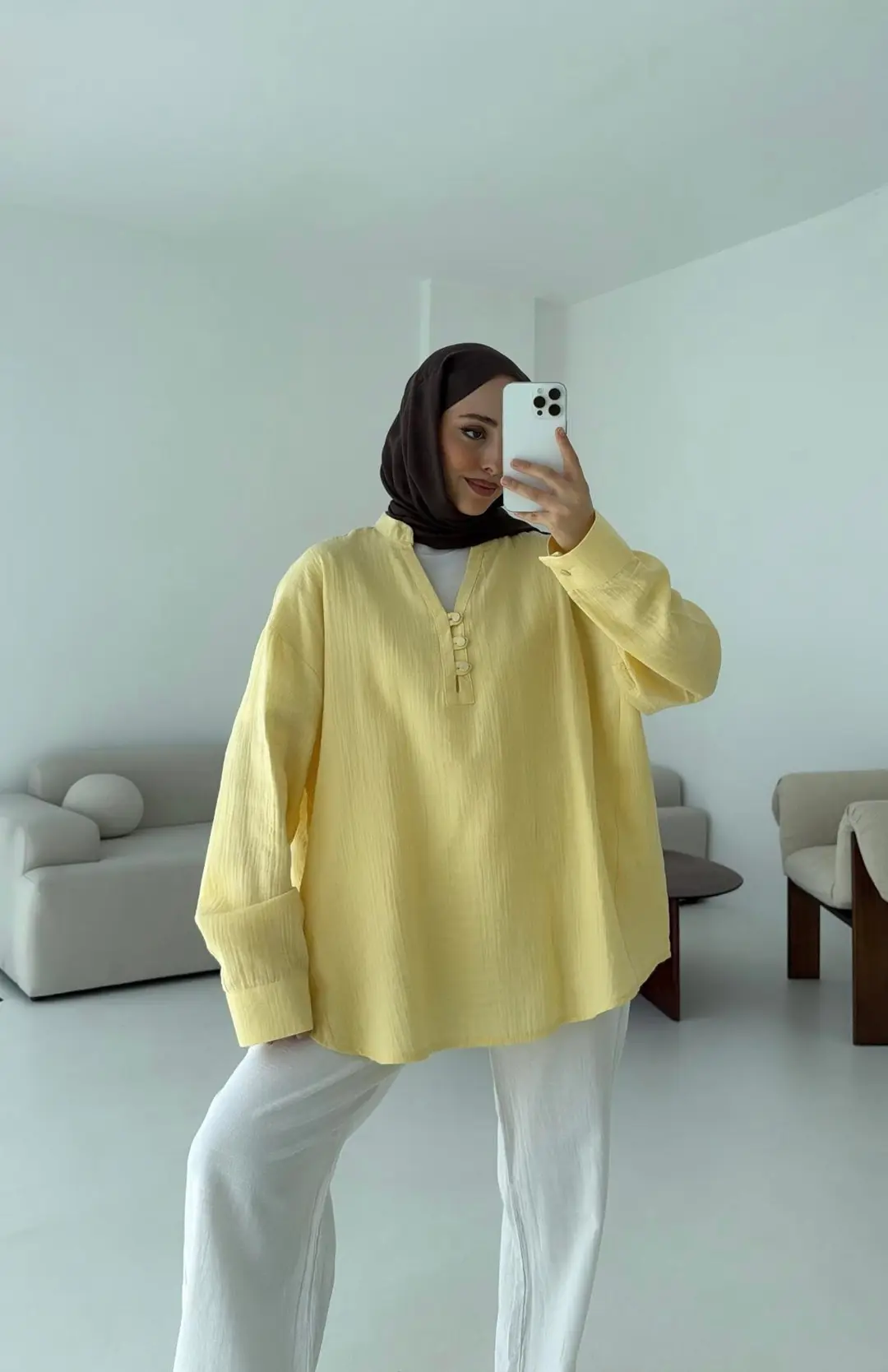 Müslin Düğmeli Gömlek Sarı - Görsel 4