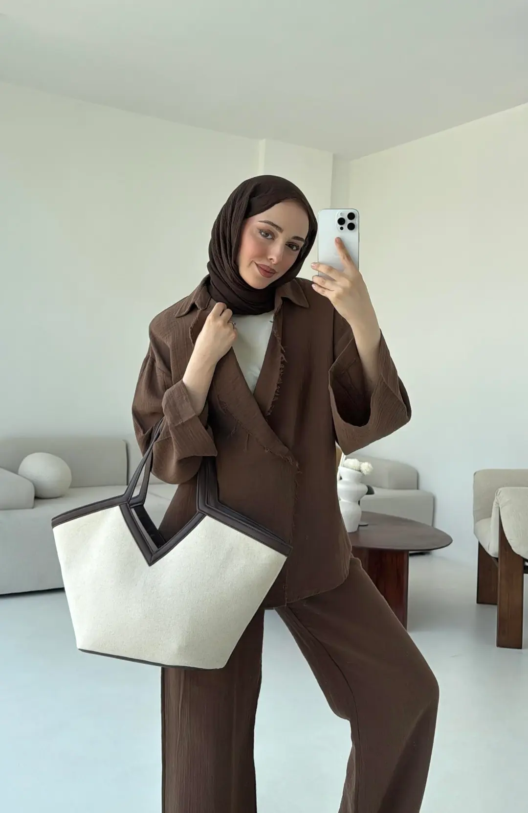 Müslin Düğmeli Kimono Takım Kahve