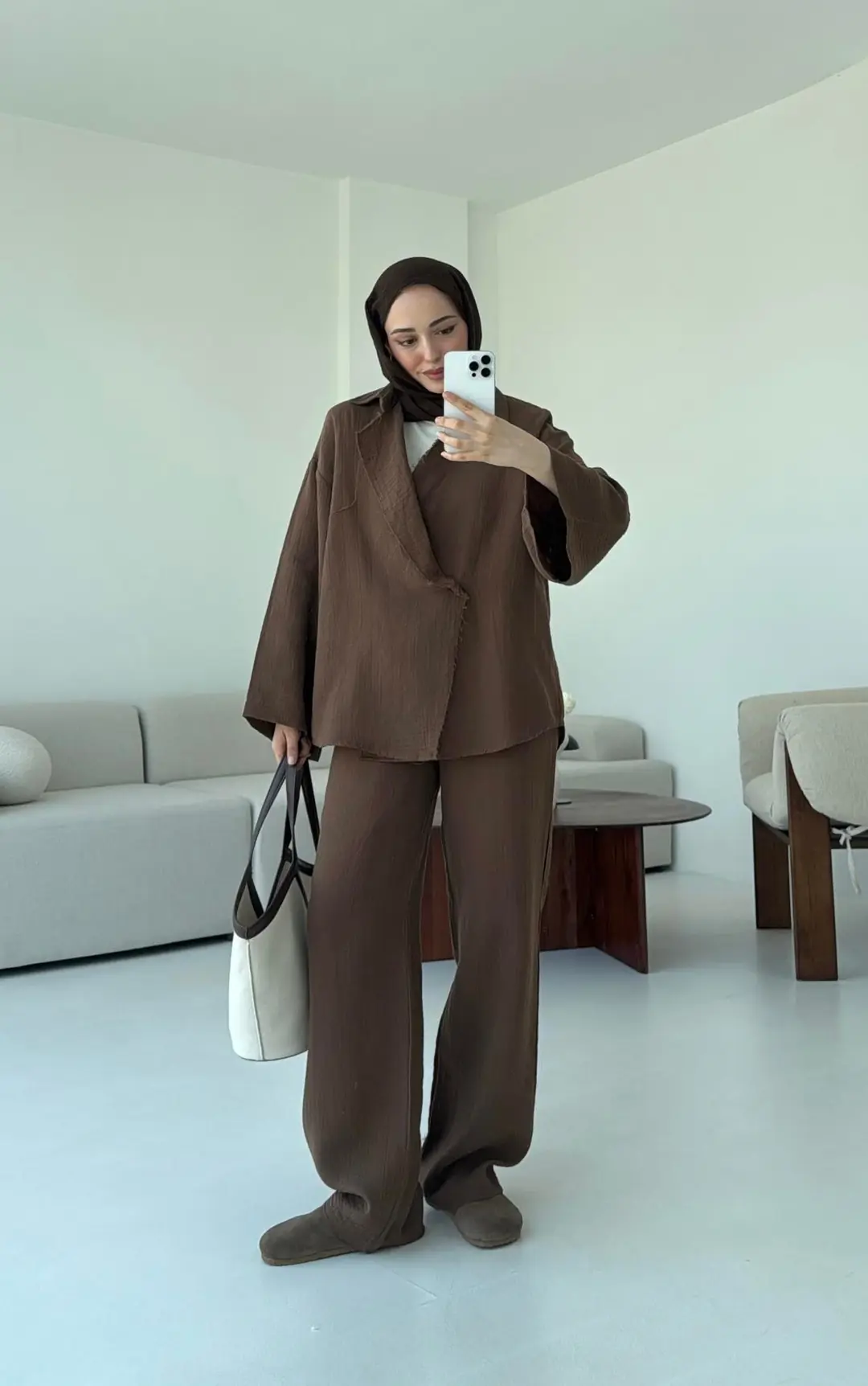 Müslin Düğmeli Kimono Takım Kahve - Görsel 5