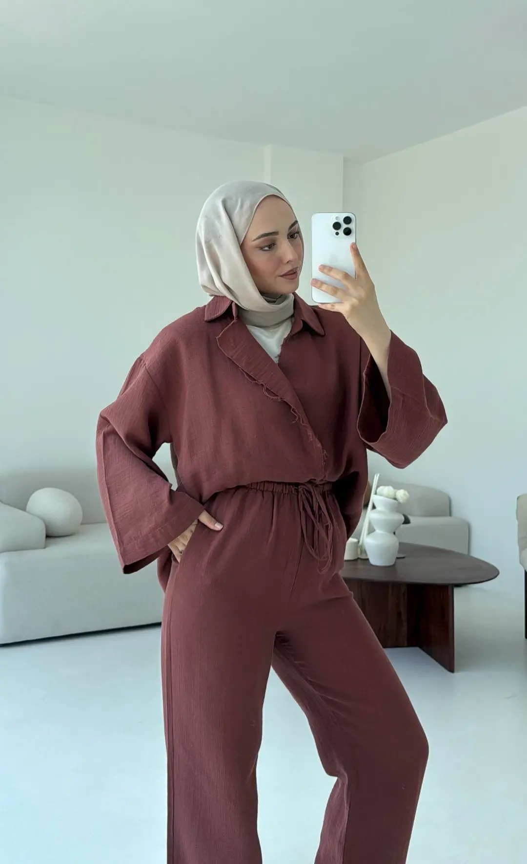 Müslin Düğmeli Kimono Takım Kiremit - Görsel 10