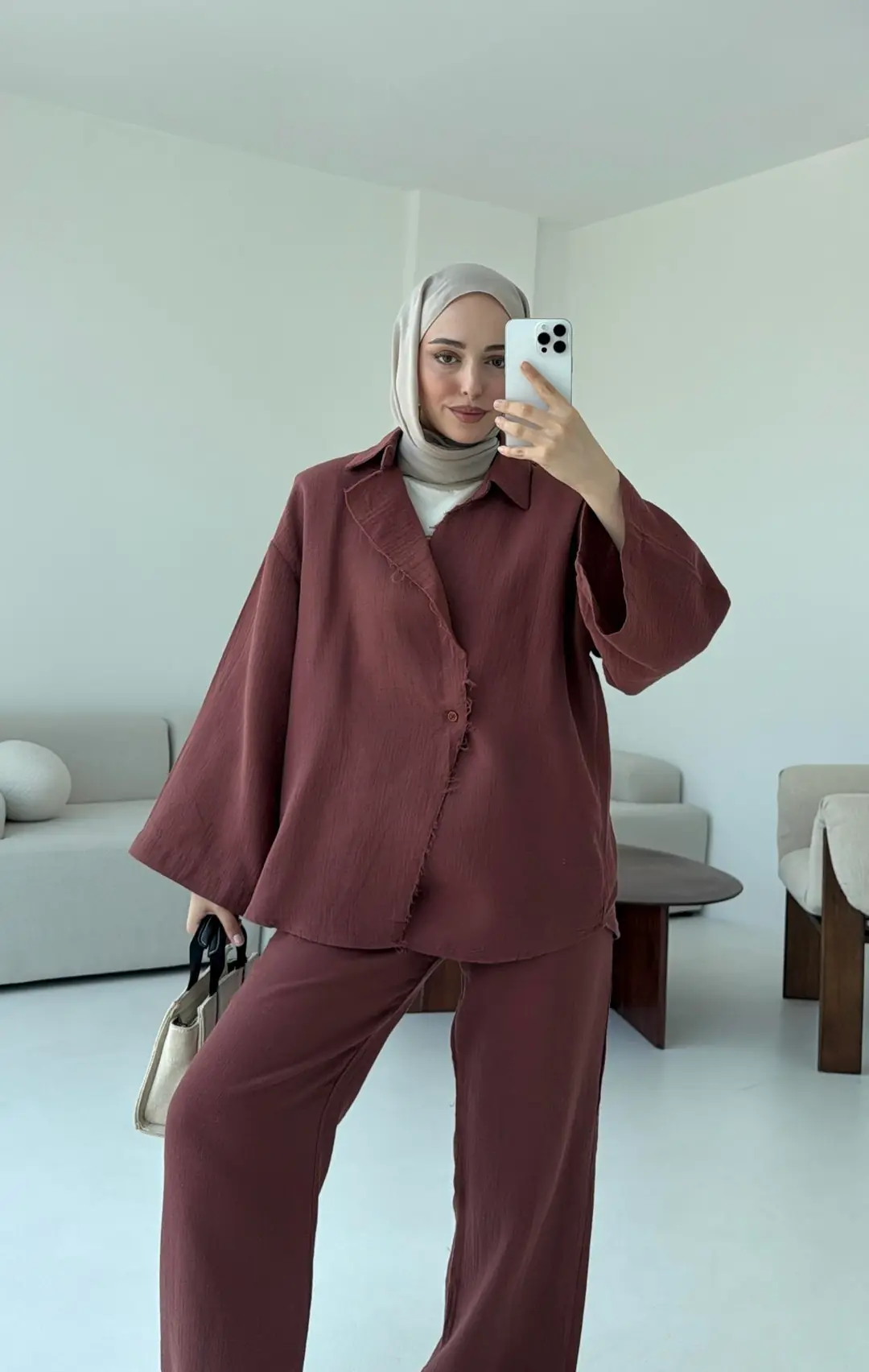 Müslin Düğmeli Kimono Takım Kiremit - Görsel 7