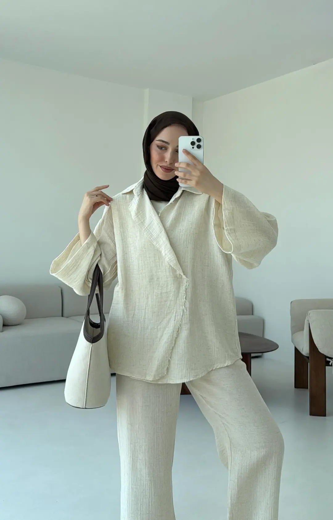 Müslin Düğmeli Kimono Takım Naturel - Görsel 5