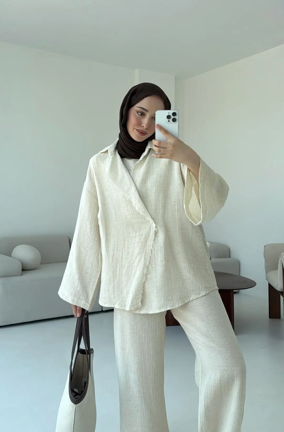 Müslin Düğmeli Kimono Takım Naturel - Görsel 7