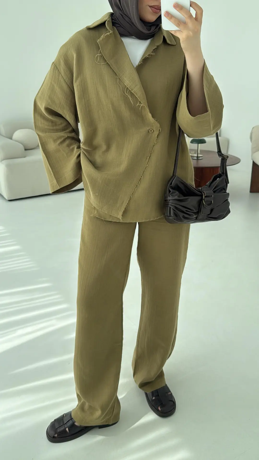 Müslin Düğmeli Kimono Takım Yeşil