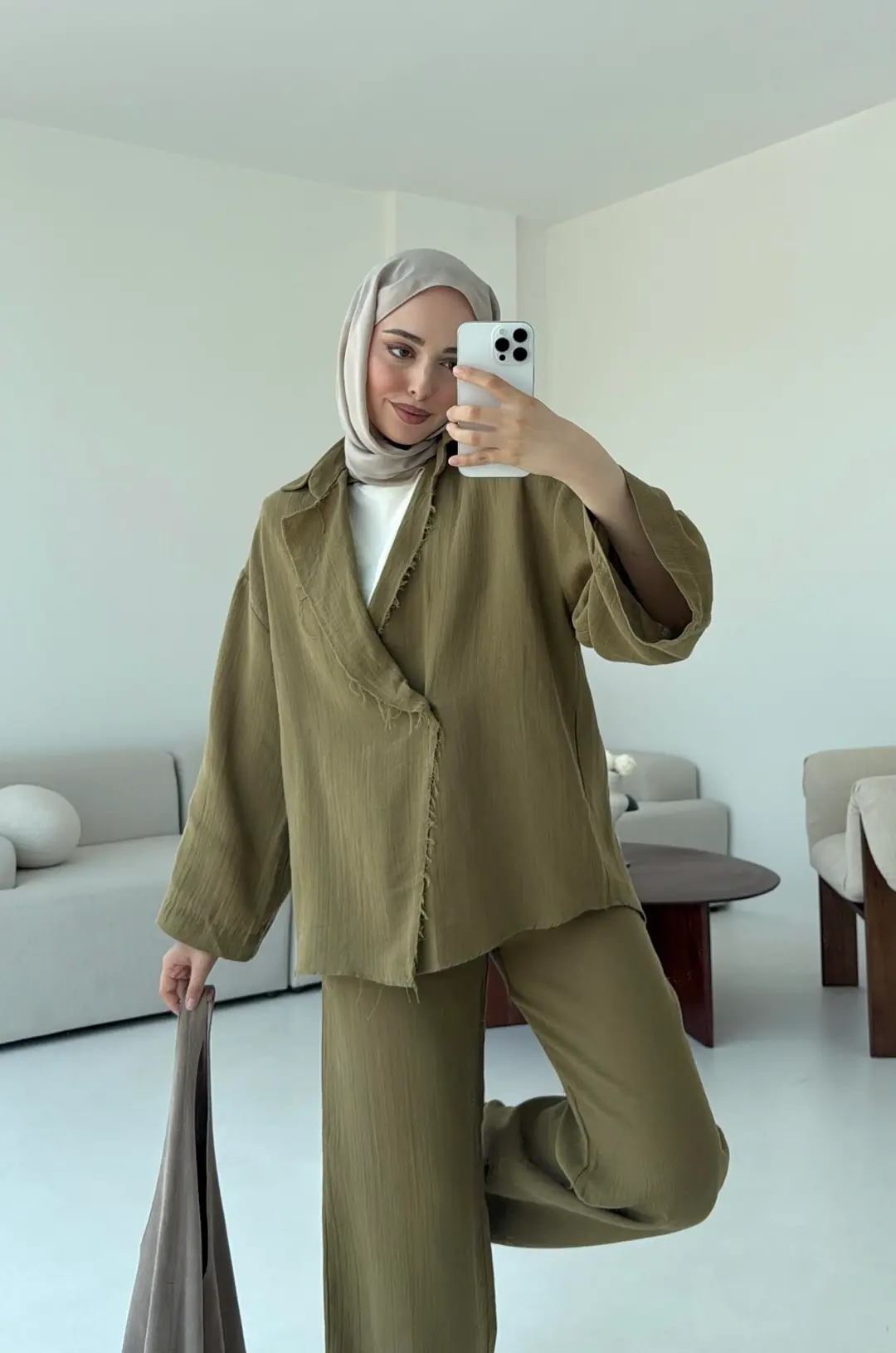 Müslin Düğmeli Kimono Takım Yeşil