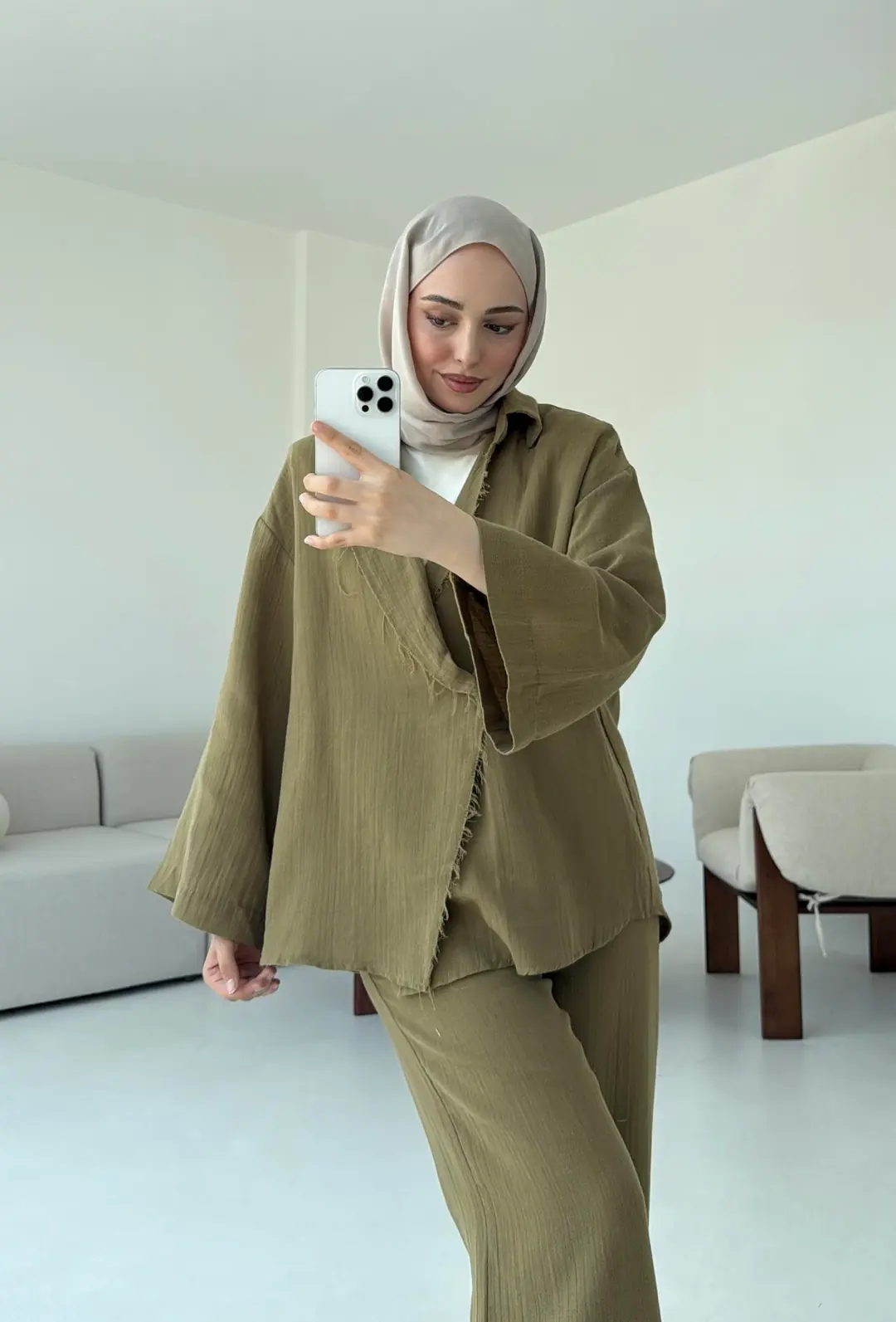 Müslin Düğmeli Kimono Takım Yeşil - Görsel 4