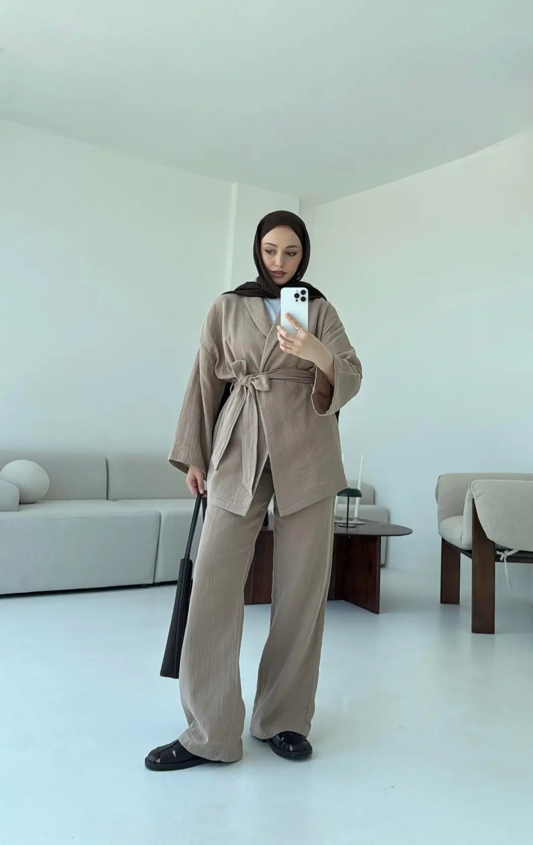 Müslin Kimonolu Takım Bej