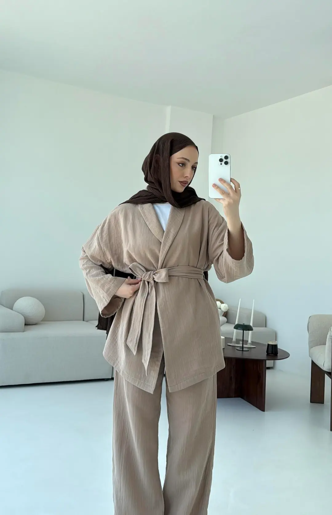 Müslin Kimonolu Takım Bej - Görsel 4