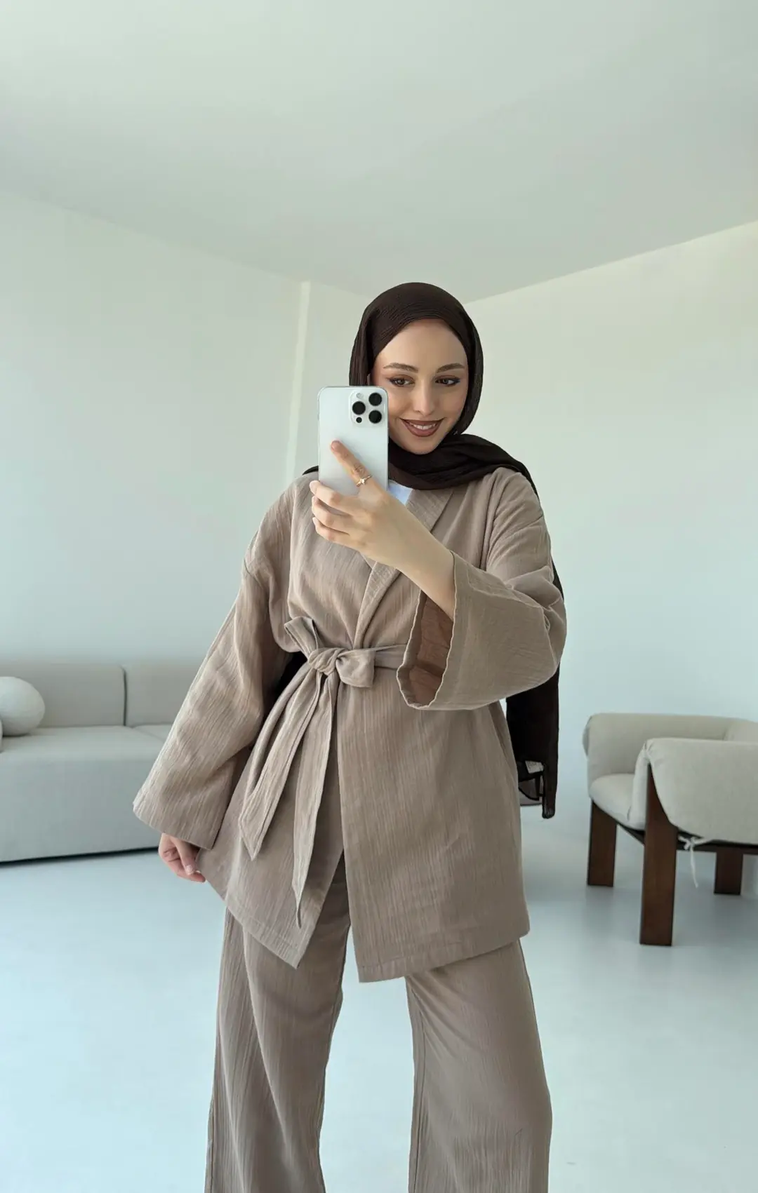 Müslin Kimonolu Takım Bej - Görsel 7