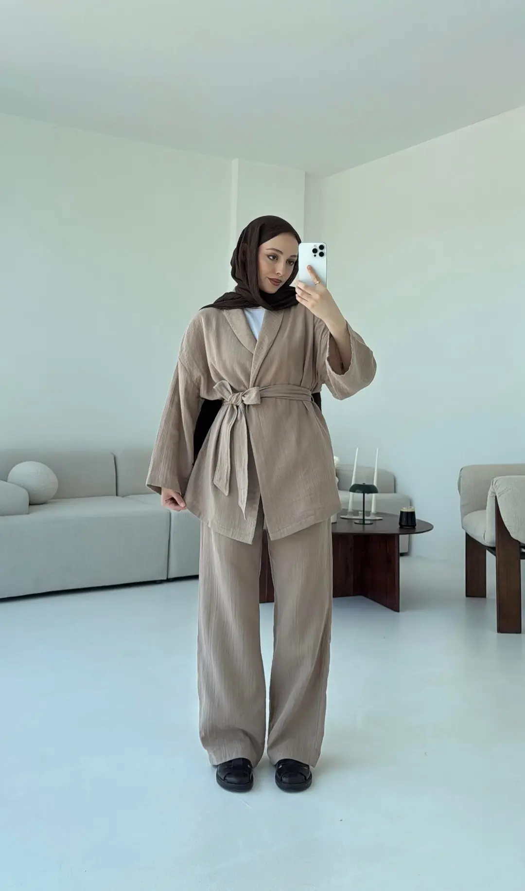 Müslin Kimonolu Takım Bej - Görsel 8