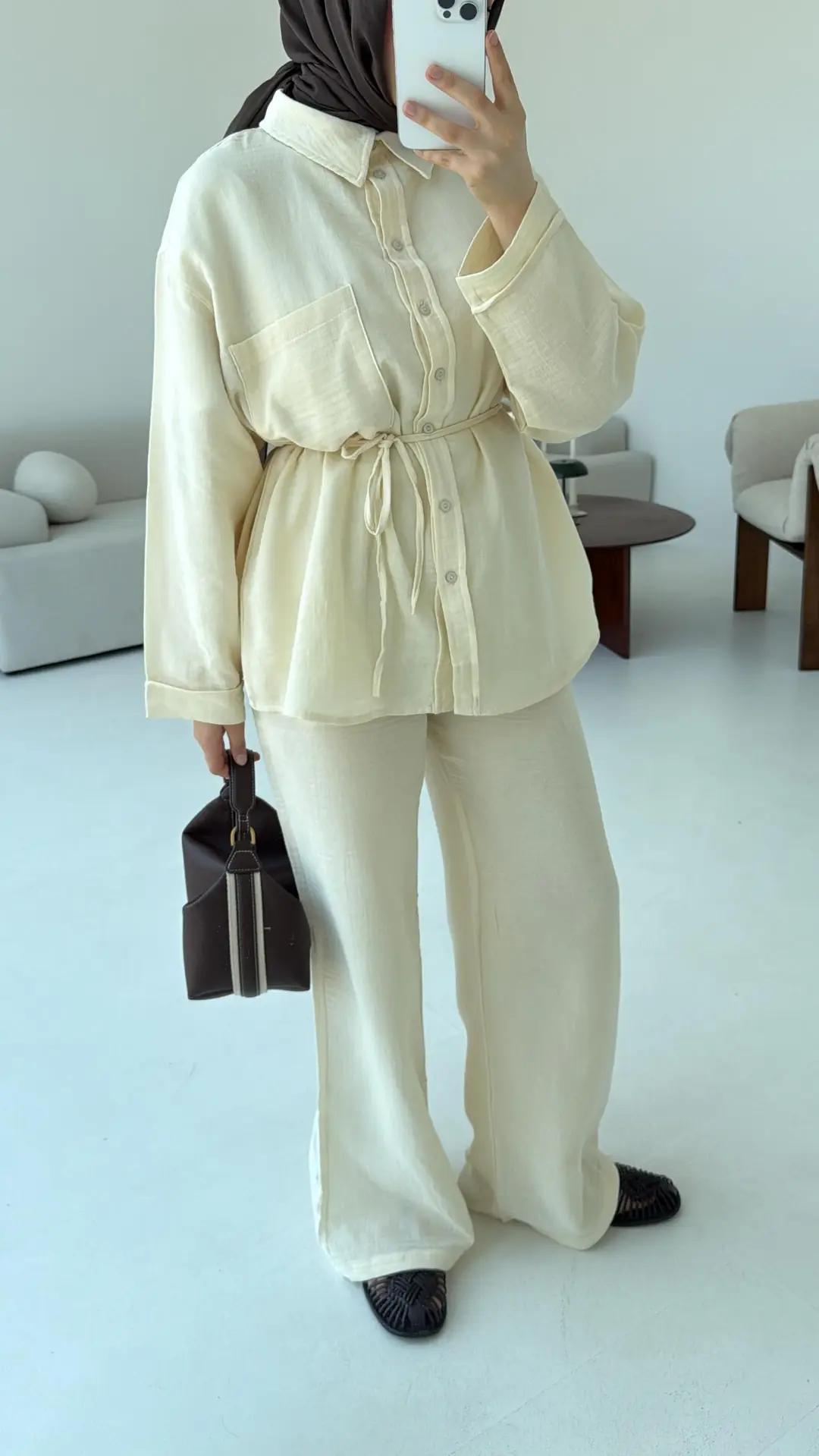 Müslin Pantolon Takım Bej