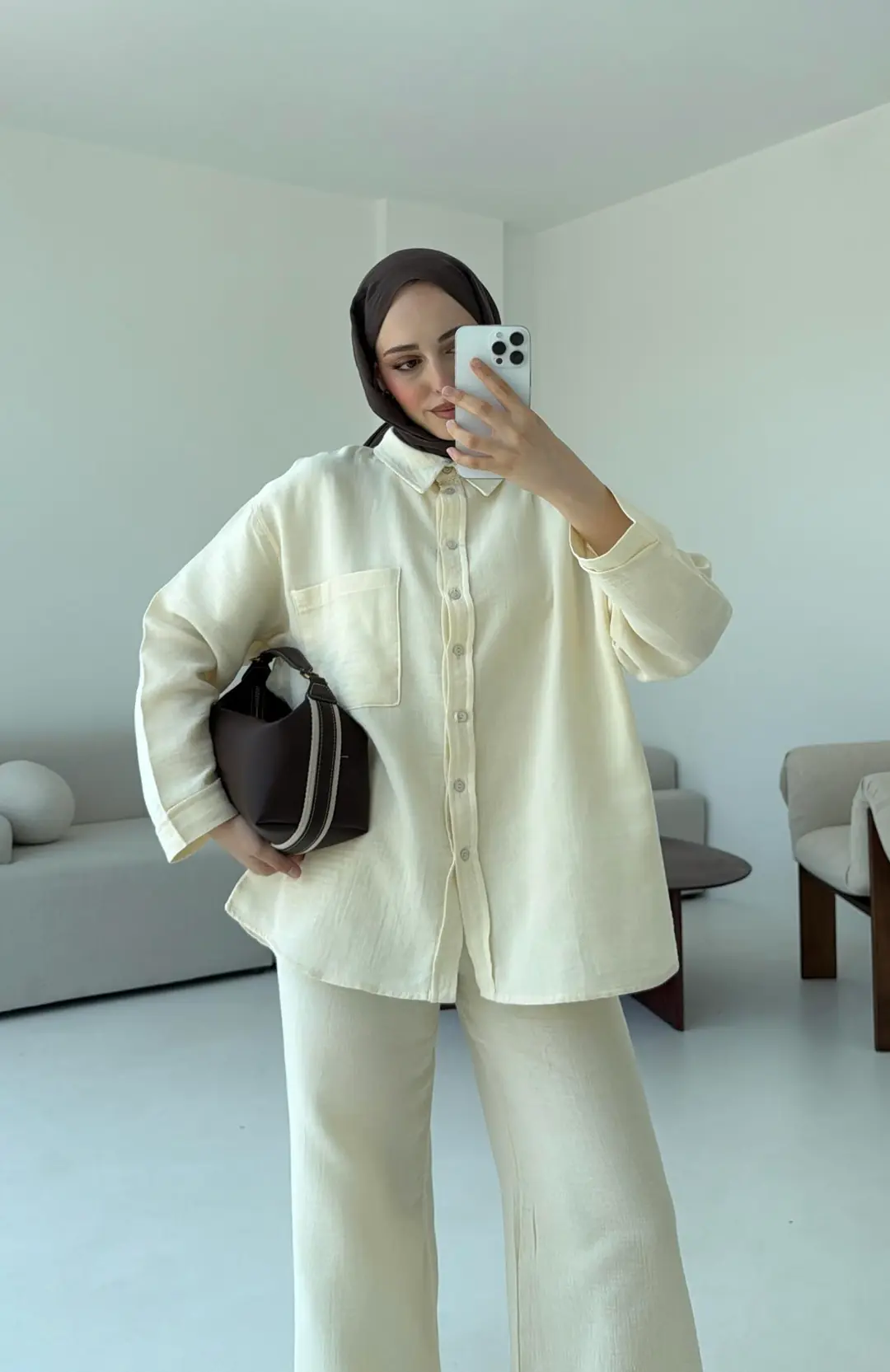 Müslin Pantolon Takım Bej - Görsel 5