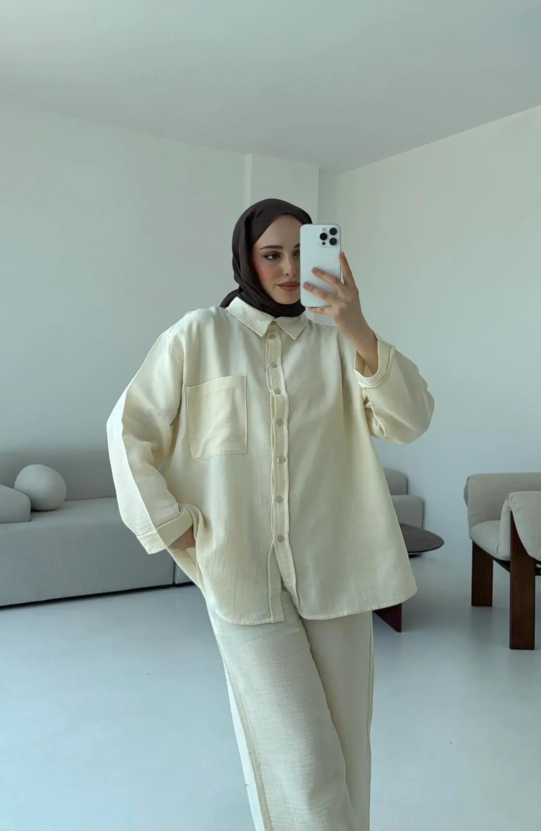 Müslin Pantolon Takım Bej - Görsel 7