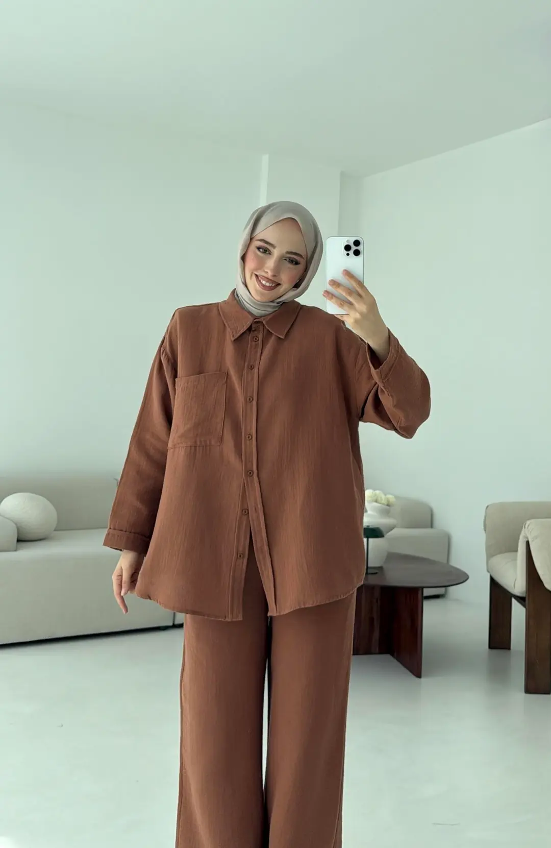 Müslin Pantolon Takım Kahverengi - Görsel 8