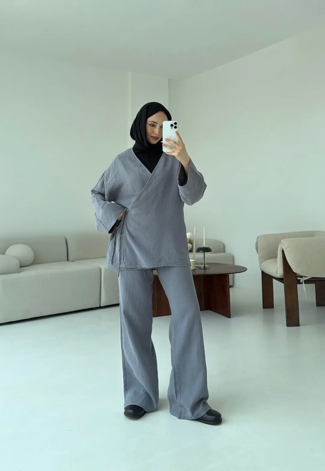 Müslin Yandan Baglamalı Takım Gri