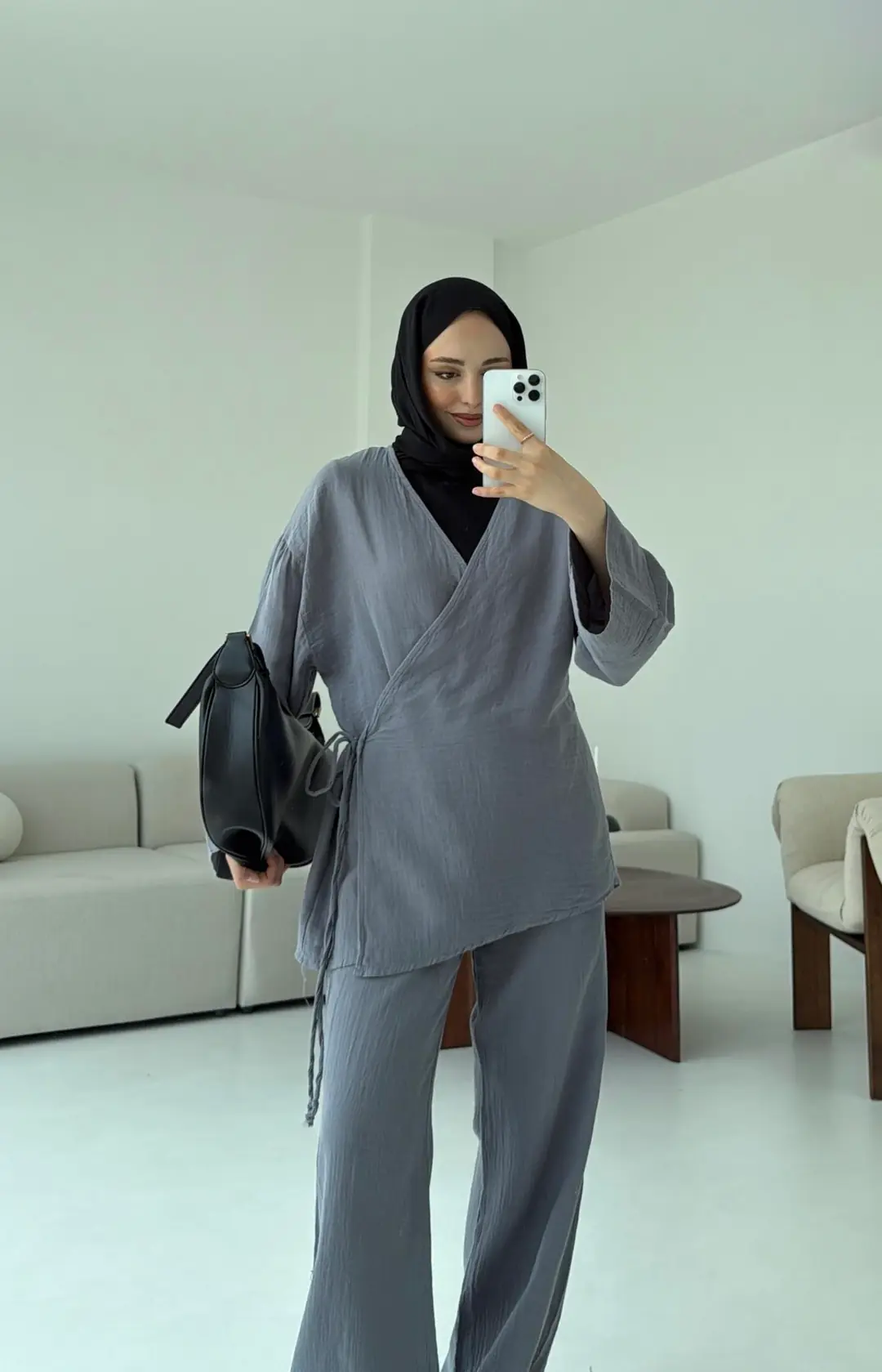 Müslin Yandan Baglamalı Takım Gri - Görsel 4