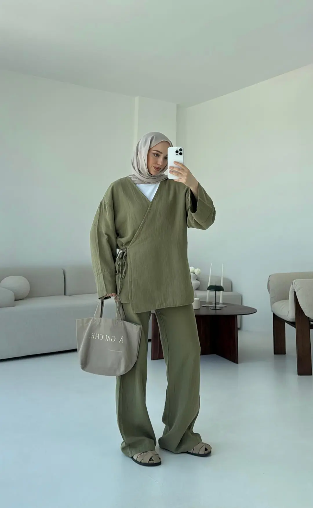 Müslin Yandan Baglamalı Takım Haki