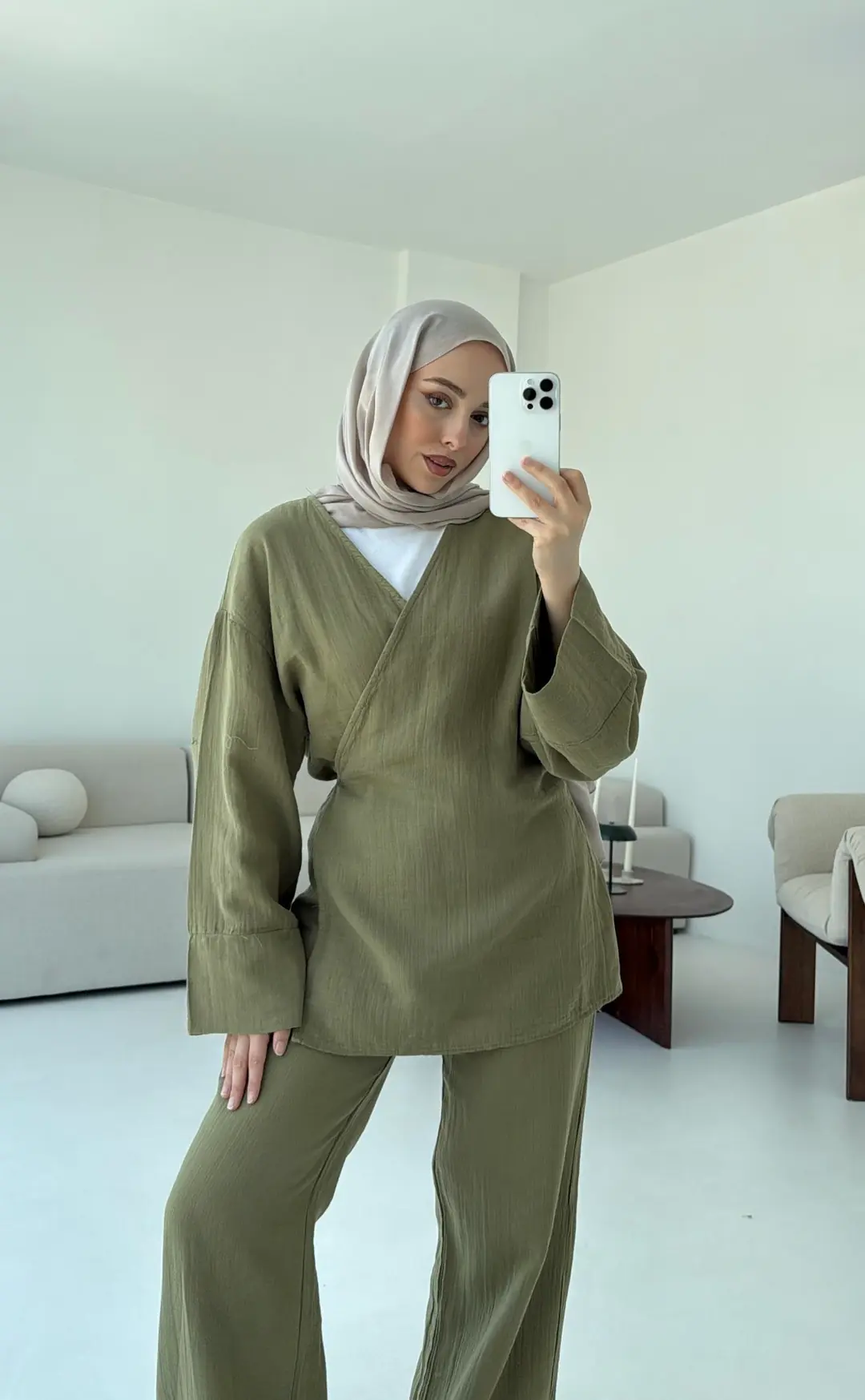 Müslin Yandan Baglamalı Takım Haki - Görsel 4