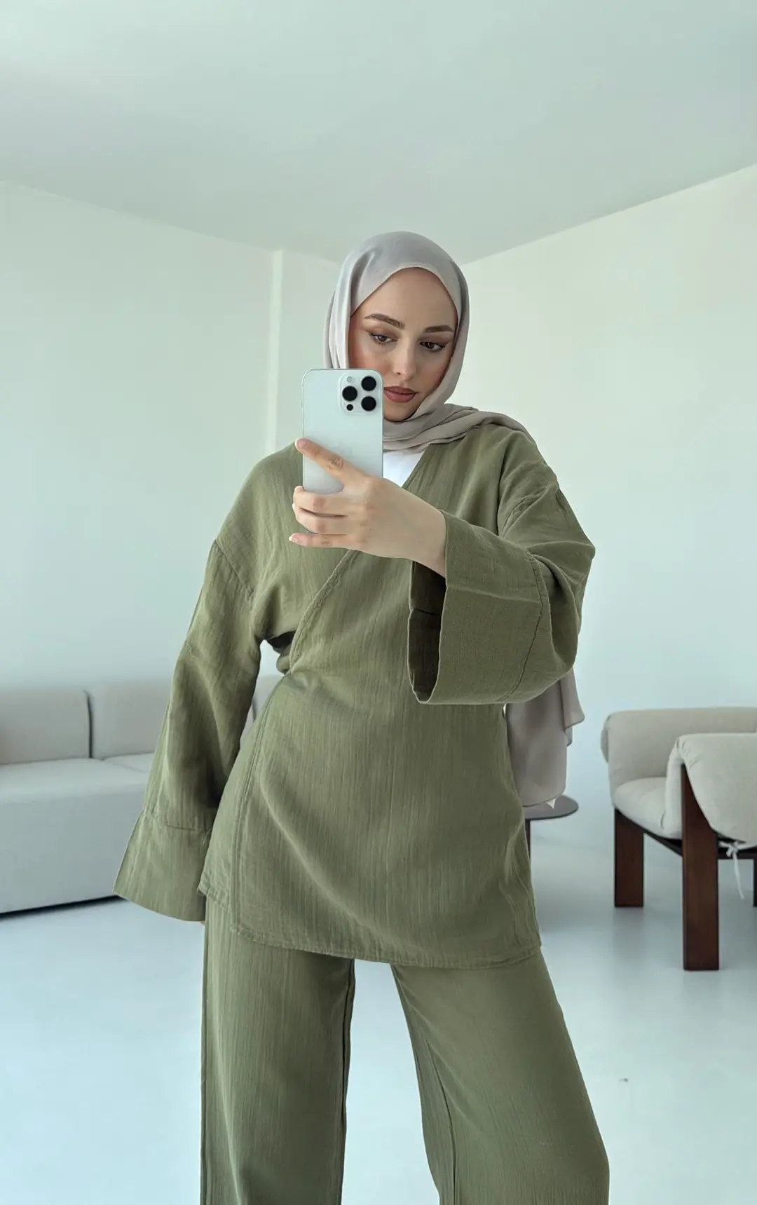 Müslin Yandan Baglamalı Takım Haki - Görsel 5