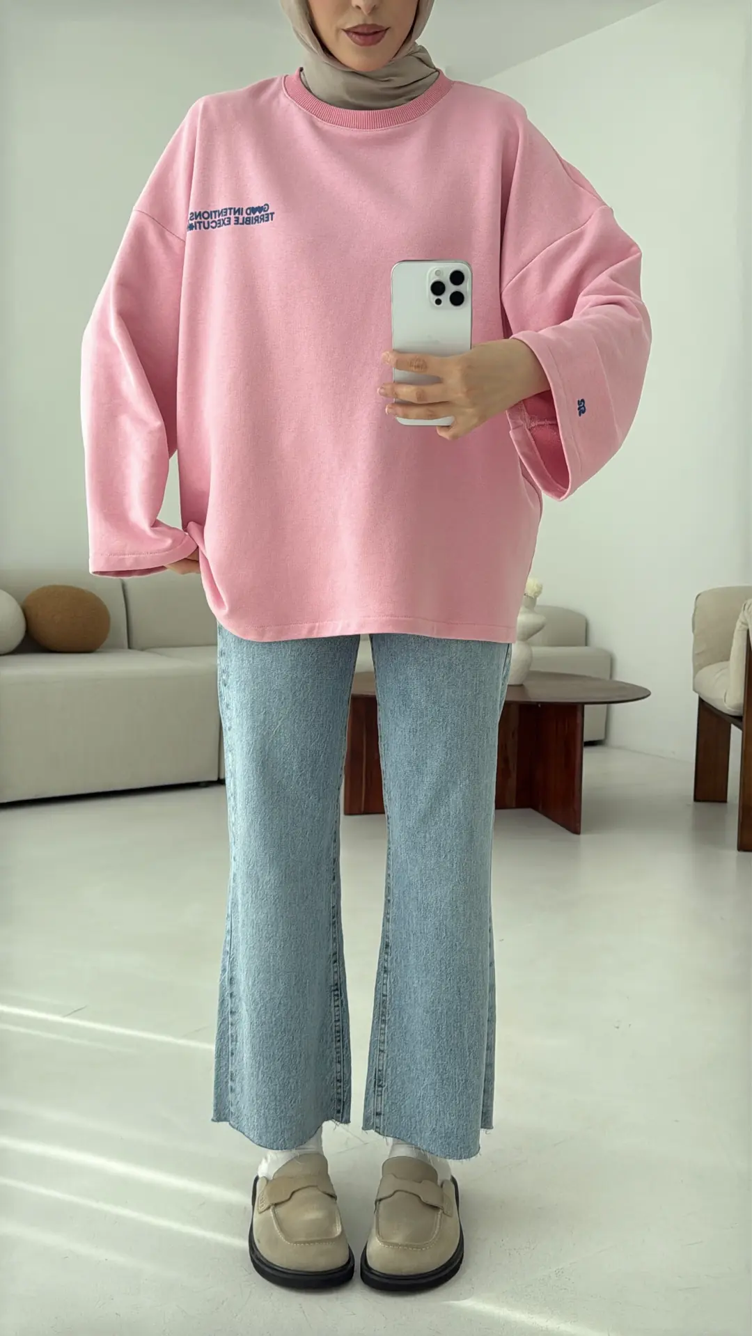 Nakışlı Oversize Sweatshirt Pembe - Görsel 6