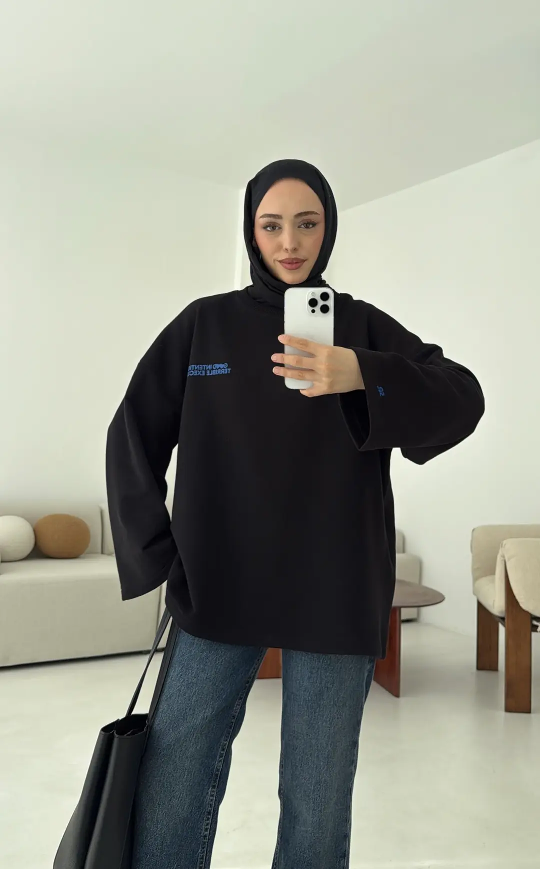 Nakışlı Oversize Sweatshirt Siyah - Görsel 6