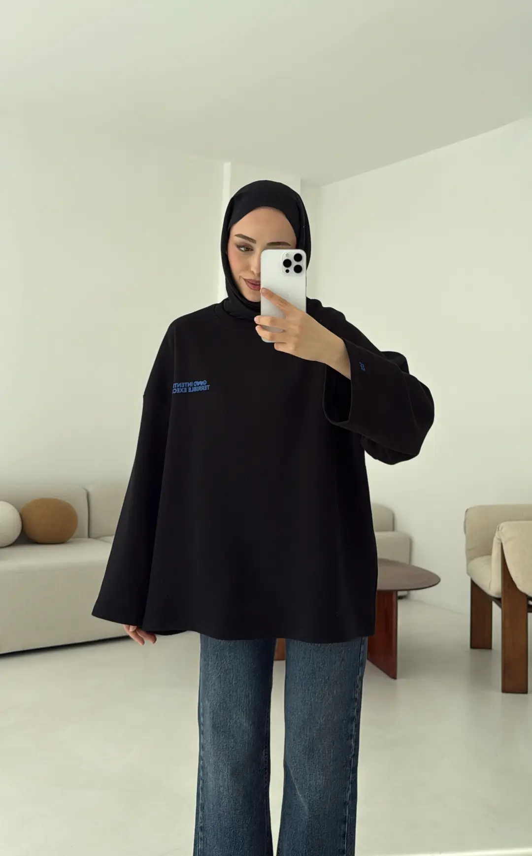 Nakışlı Oversize Sweatshirt Siyah - Görsel 7