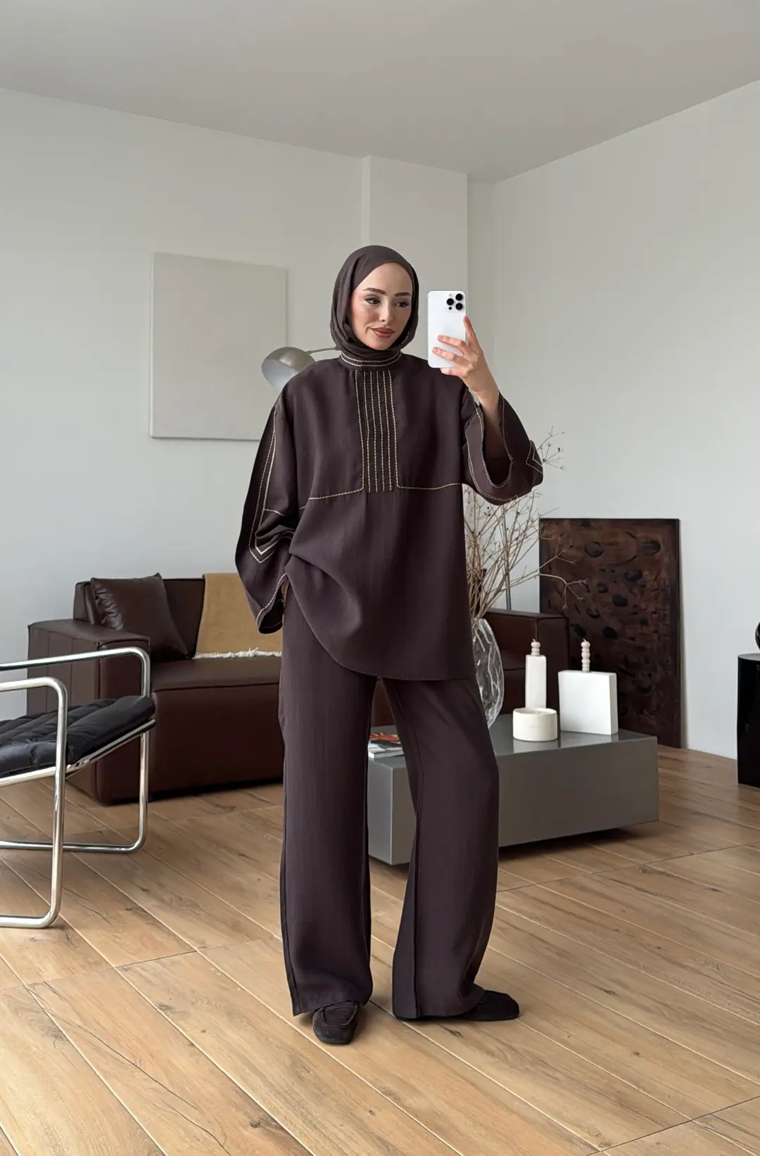 Nakışlı Tencel Takım Kahve - Görsel 10