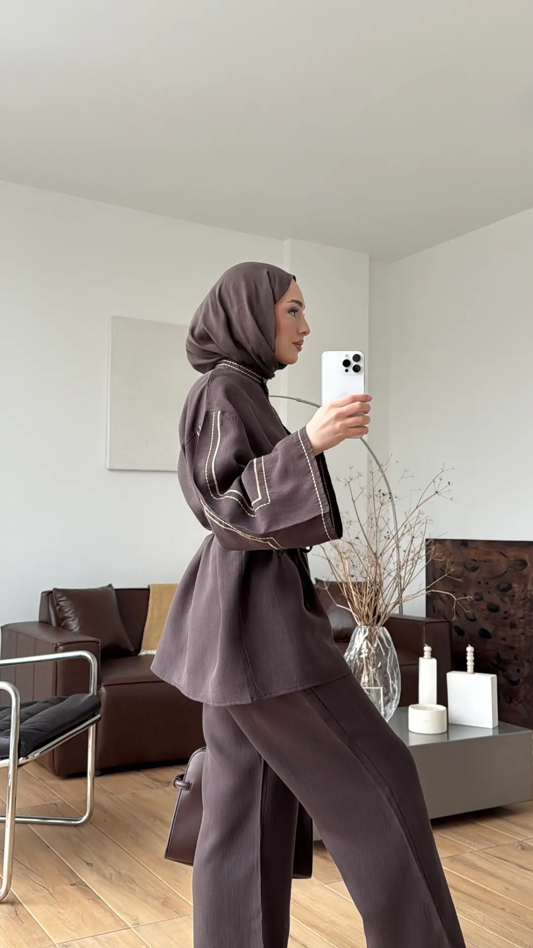 Nakışlı Tencel Takım Kahve - Görsel 3