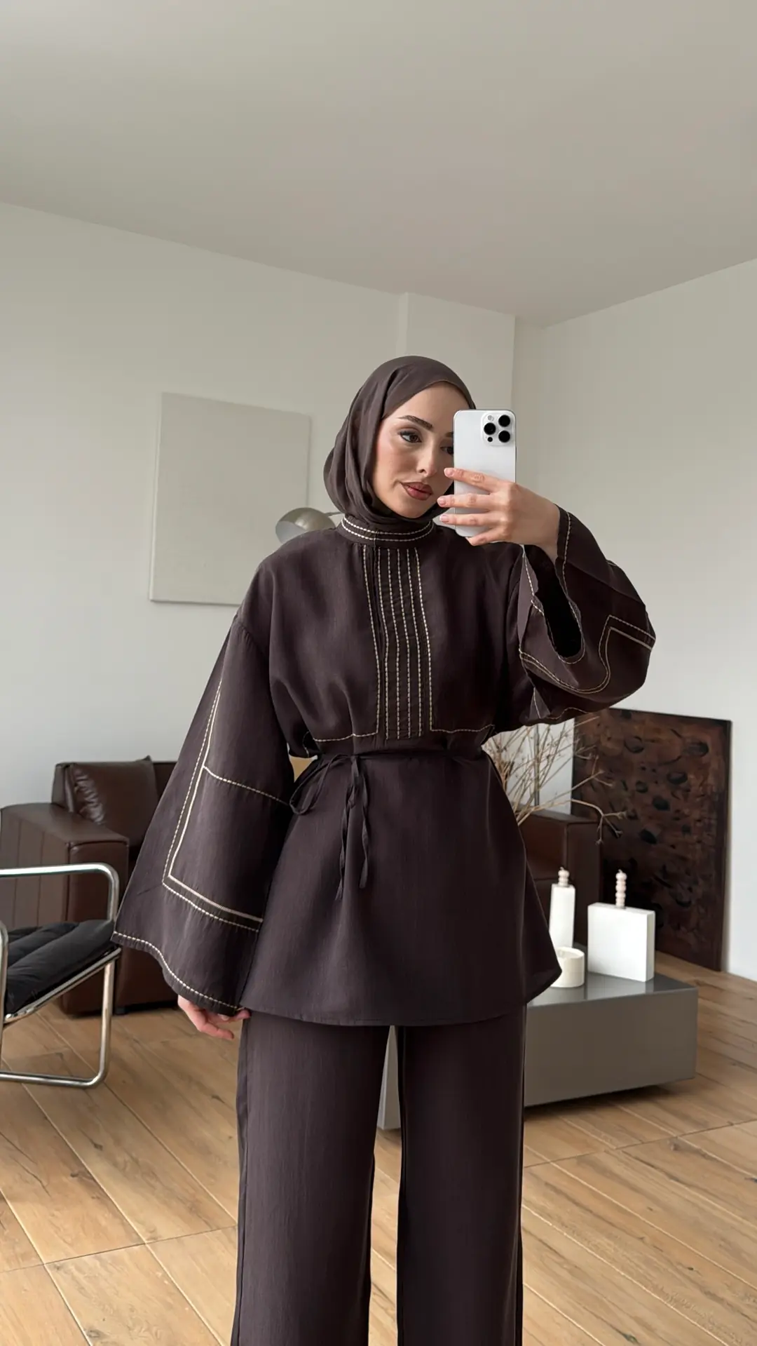 Nakışlı Tencel Takım Kahve - Görsel 5