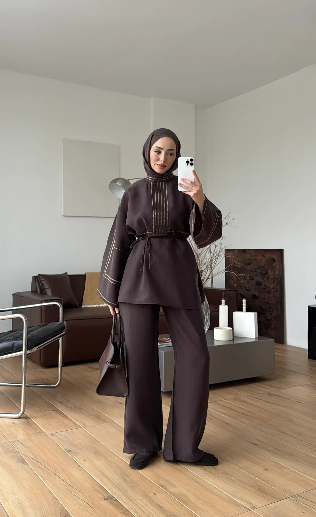 Nakışlı Tencel Takım Kahve - Görsel 7