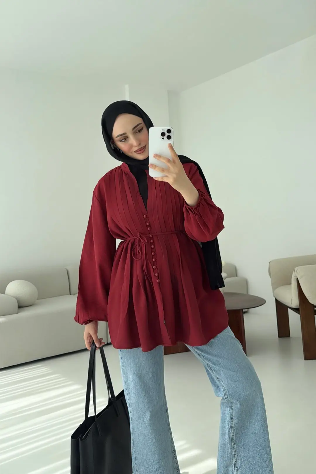 Nervürlü Gömlek Bordo - Görsel 4