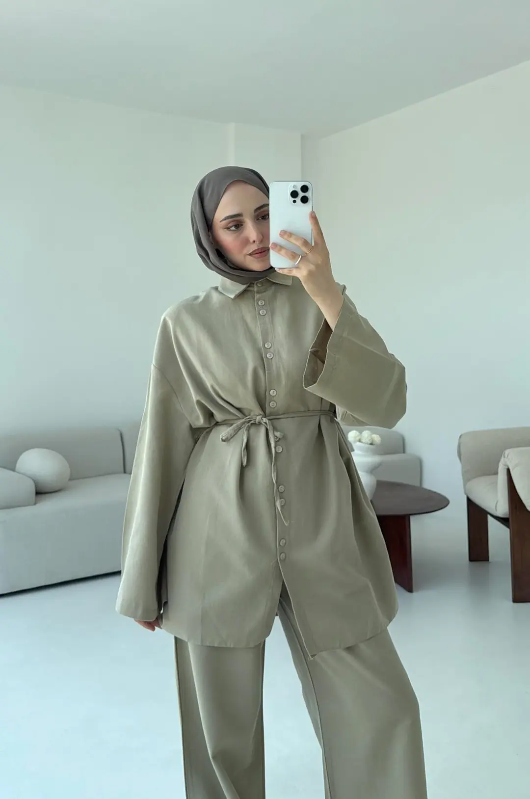 Oversize Keten Gömlek Takım Haki - Görsel 3