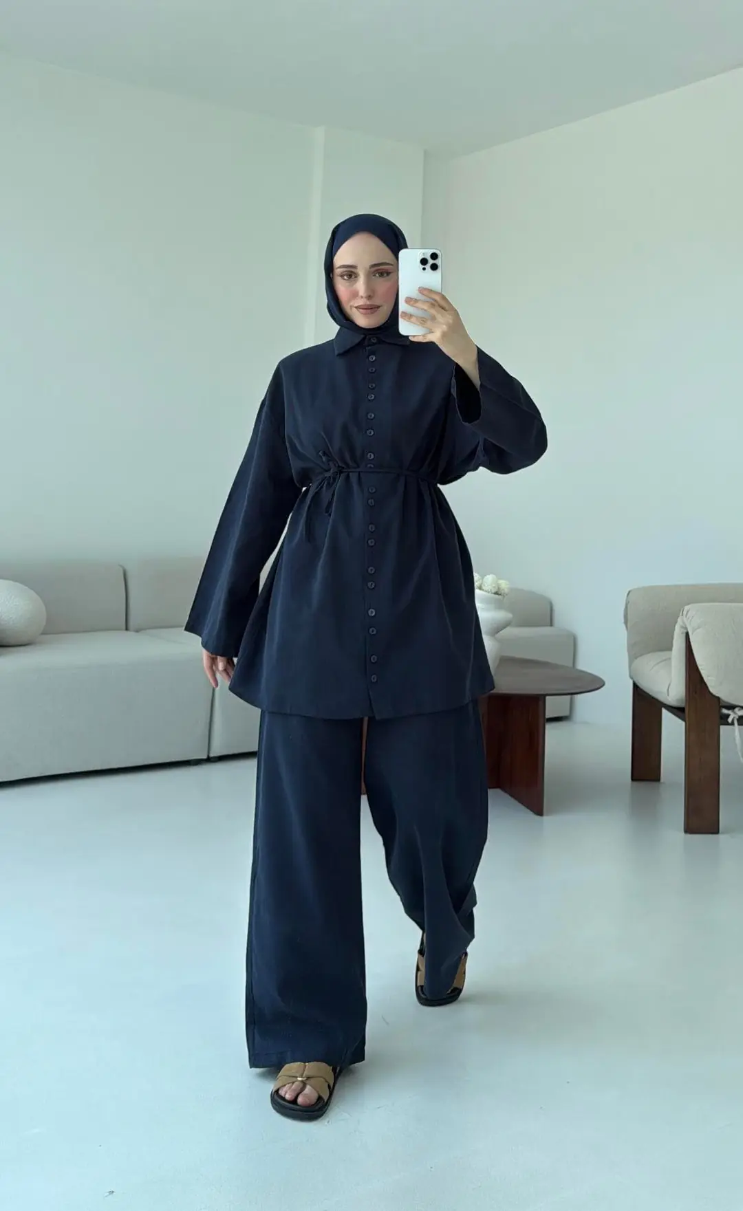 Oversize Keten Gömlek Takım Lacivert - Görsel 2